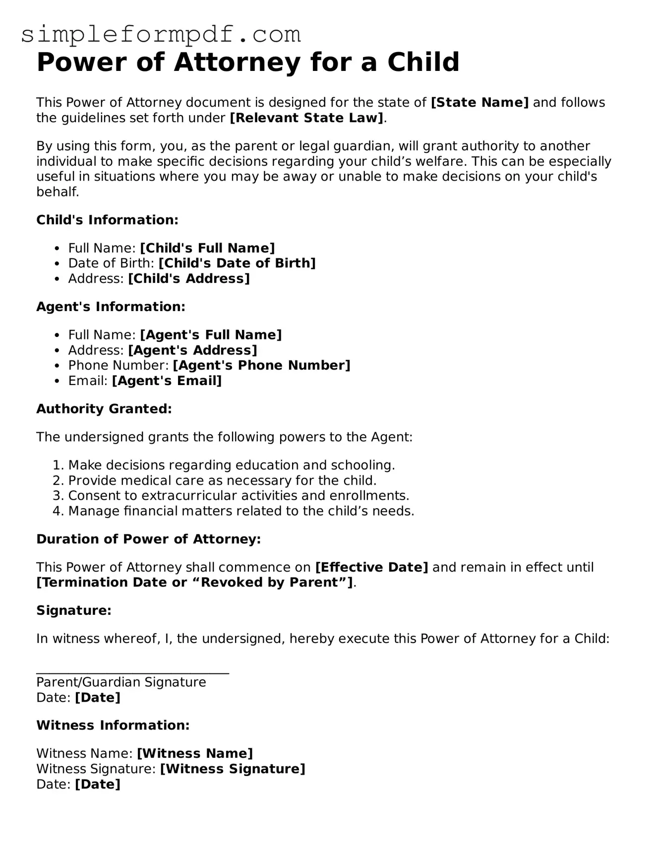 Fillable Power of Attorney for a Child Template