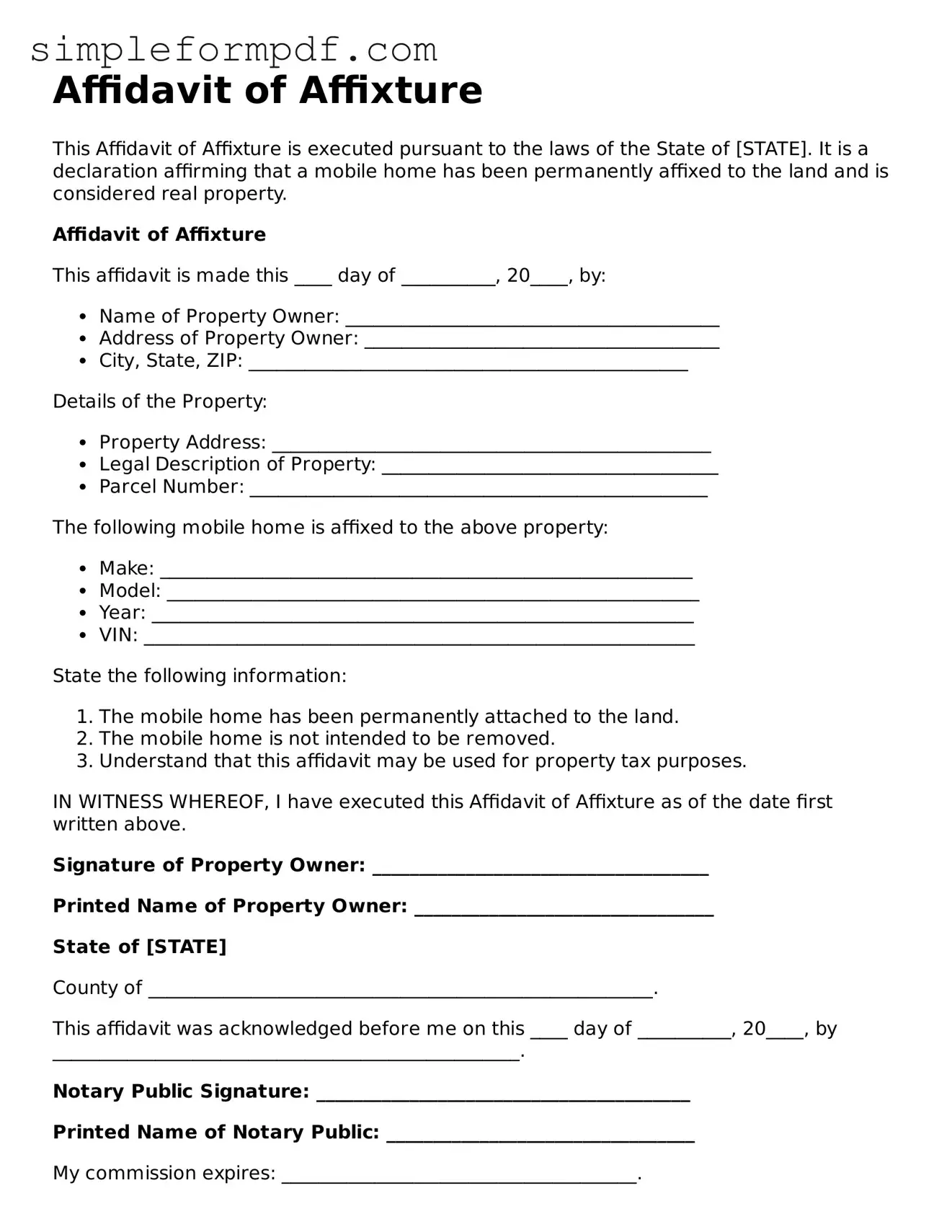 Fillable Affidavit of Affixture Template