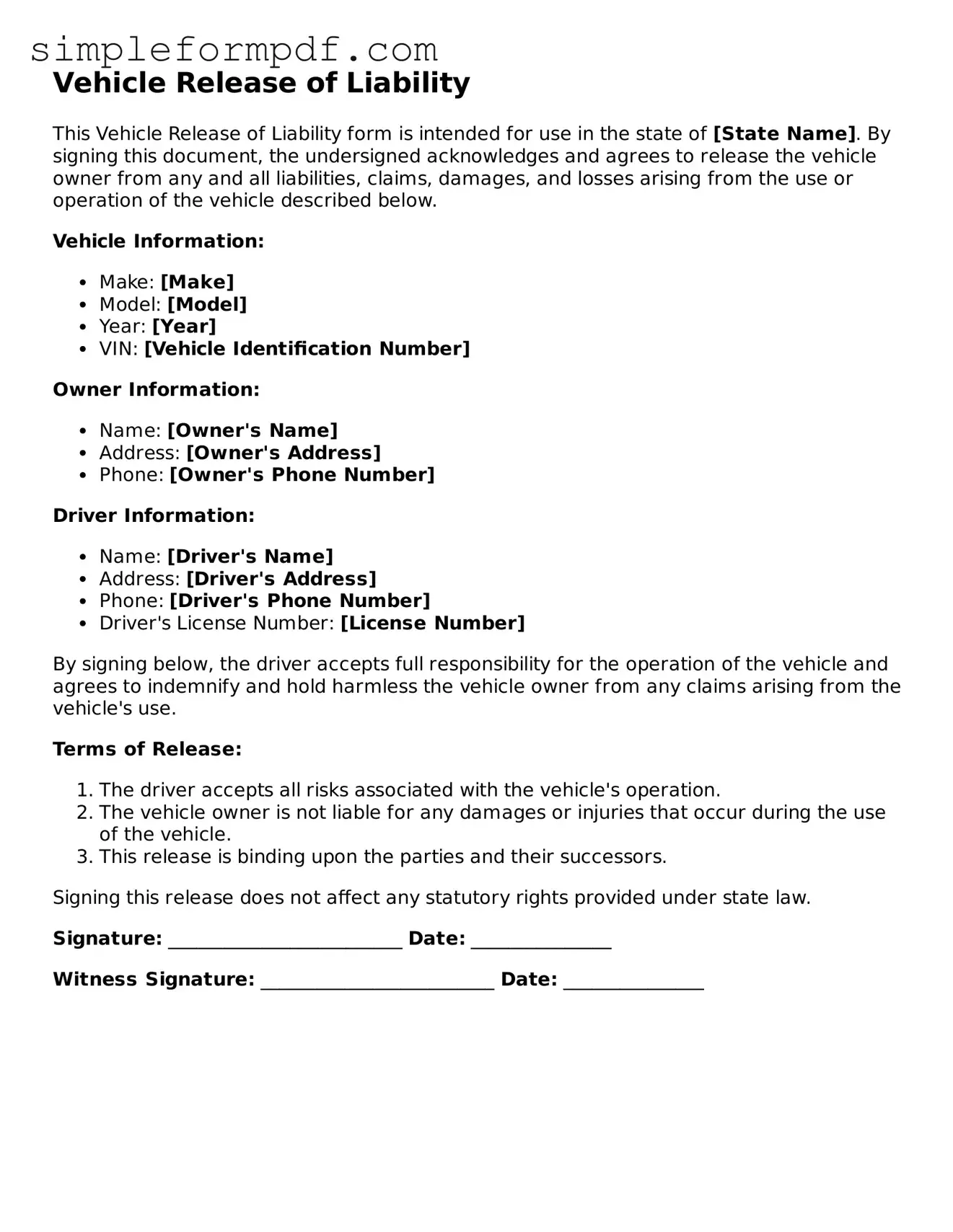 Fillable Vehicle Release of Liability Template