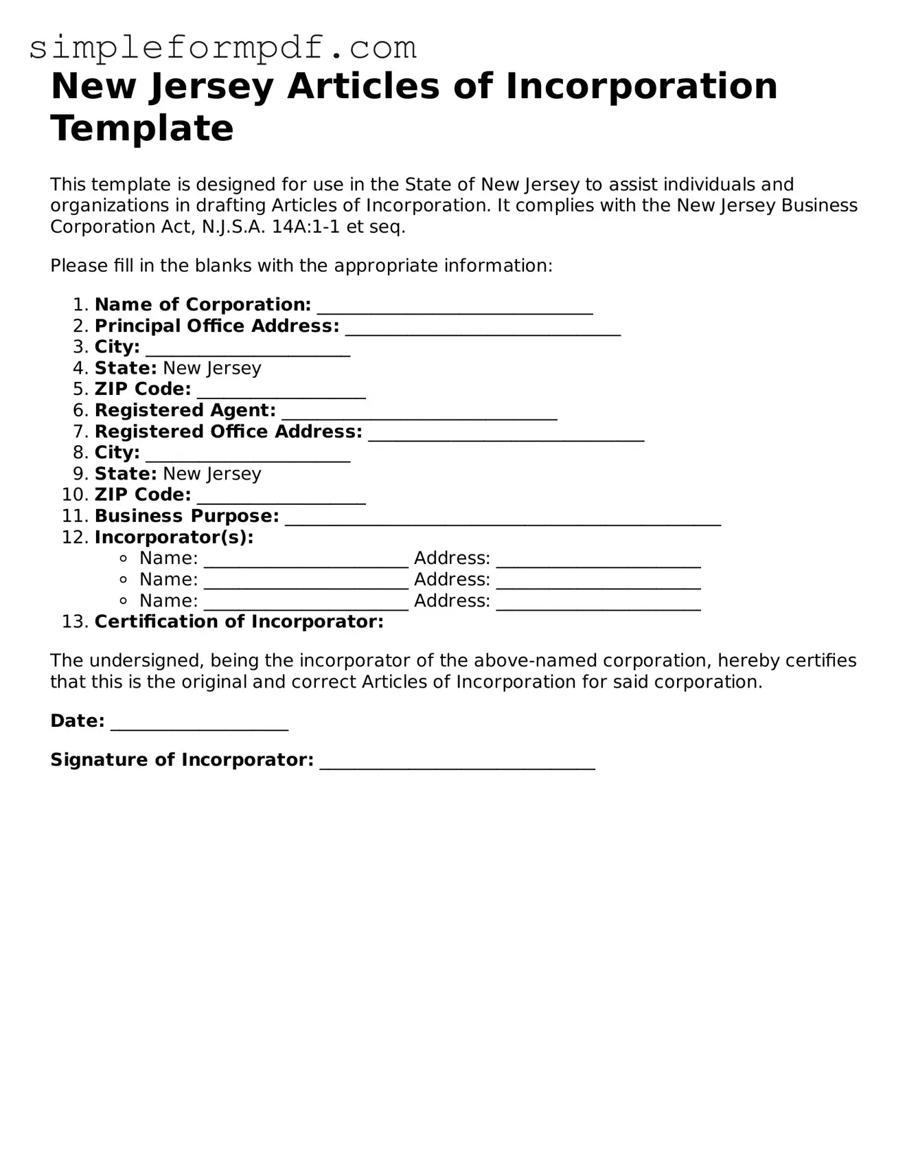 Free Articles of Incorporation Form for the State of New Jersey