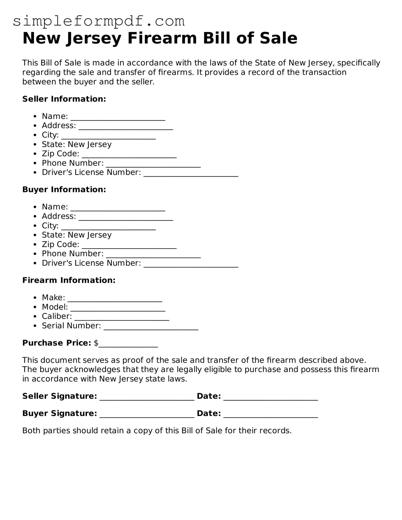 Free Firearm Bill of Sale Form for the State of New Jersey