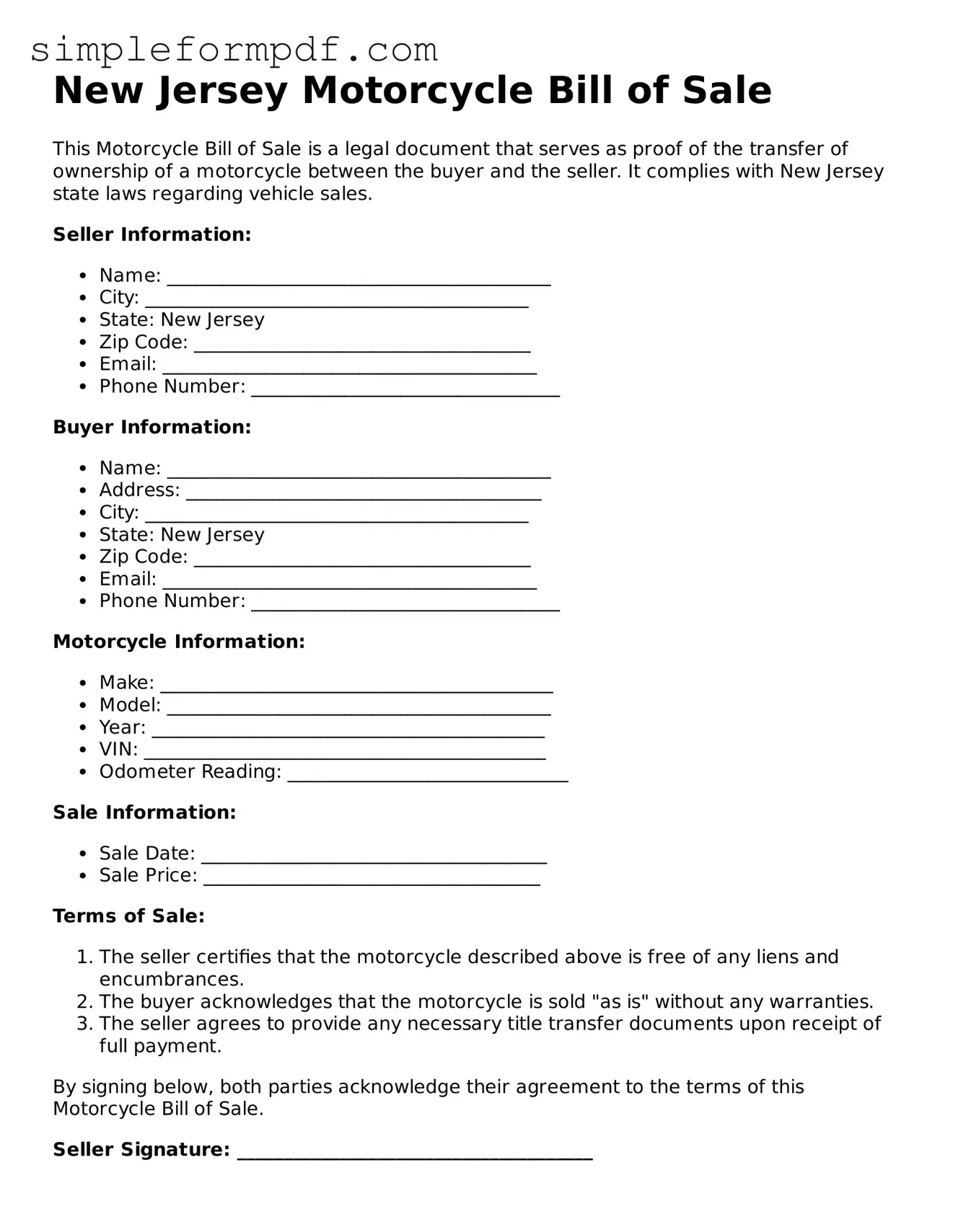 Free Motorcycle Bill of Sale Form for the State of New Jersey