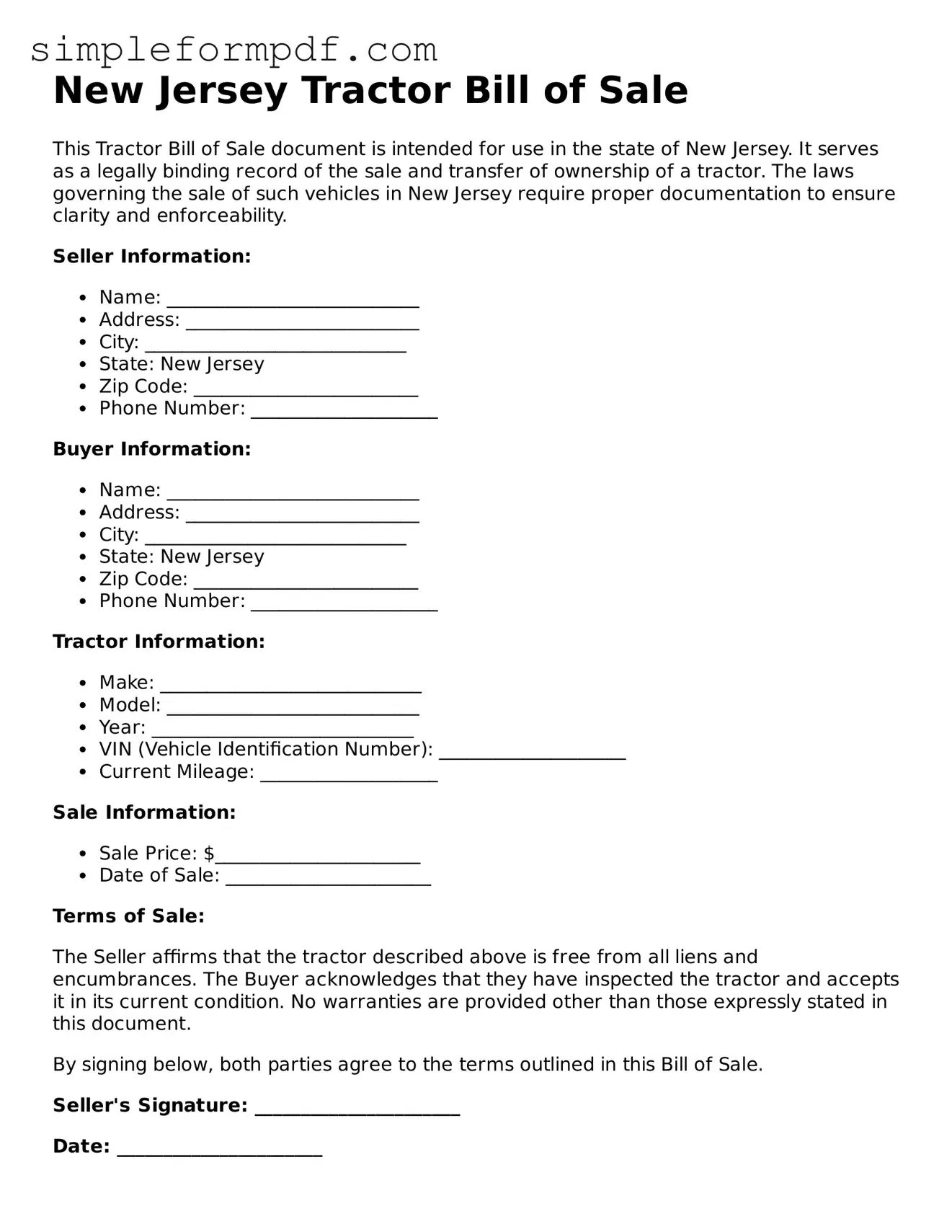 Free Tractor Bill of Sale Form for the State of New Jersey