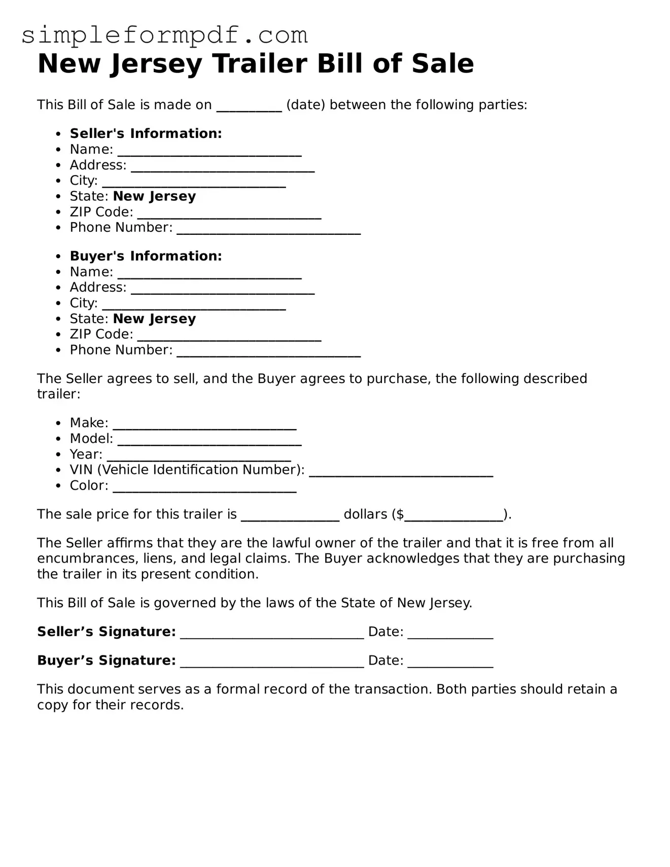 Free Trailer Bill of Sale Form for the State of New Jersey