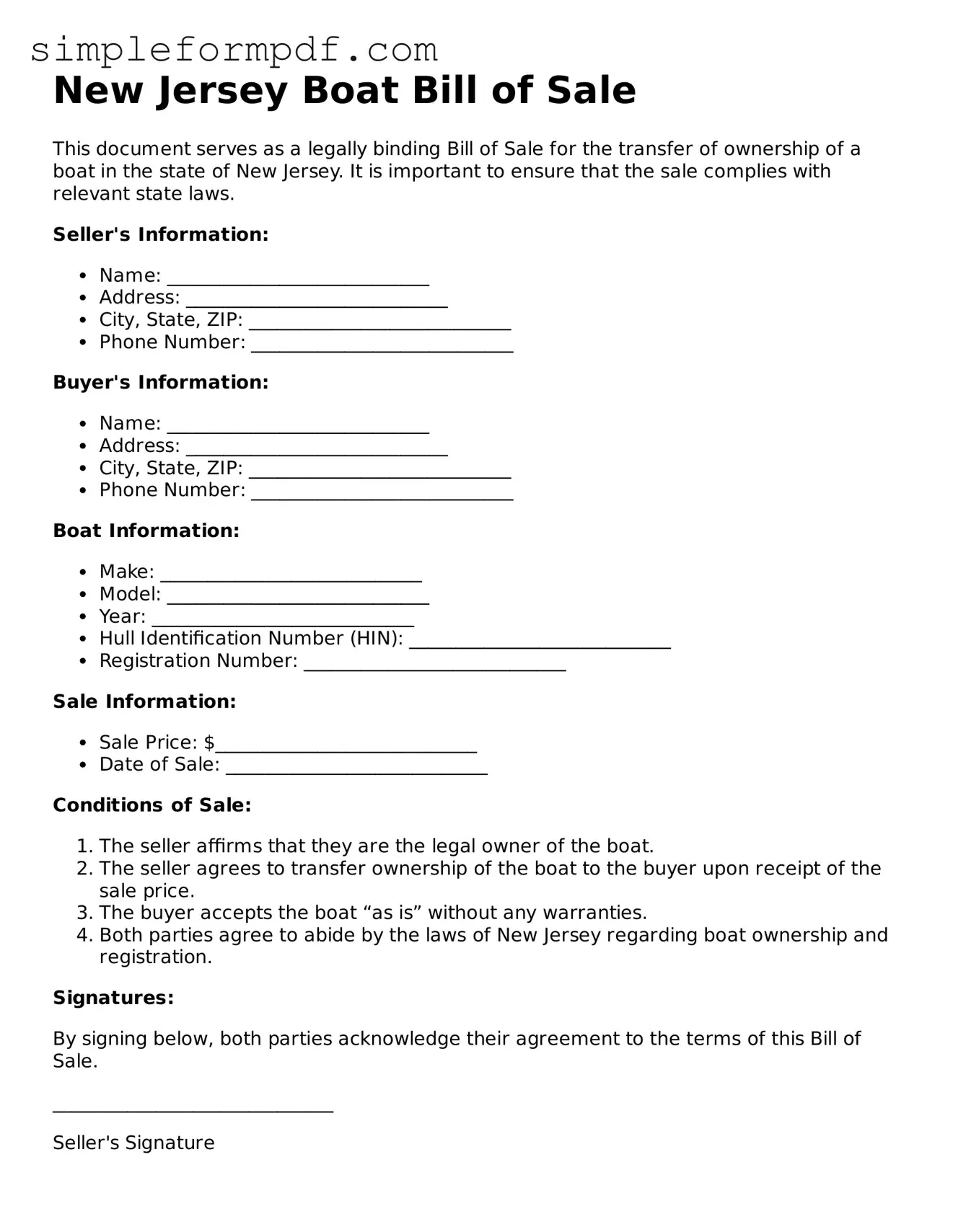 Free Boat Bill of Sale Form for the State of New Jersey