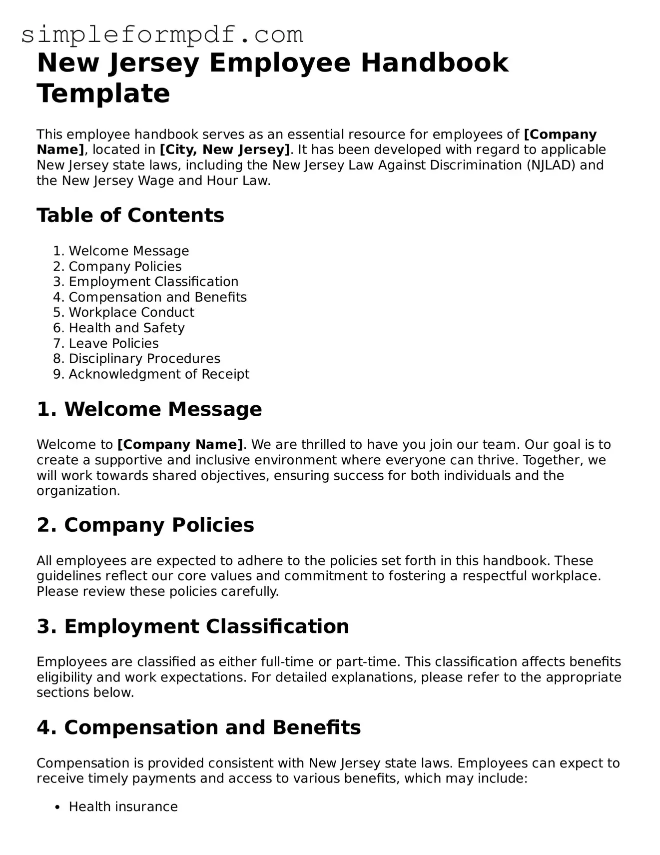 Free Employee Handbook Form for the State of New Jersey