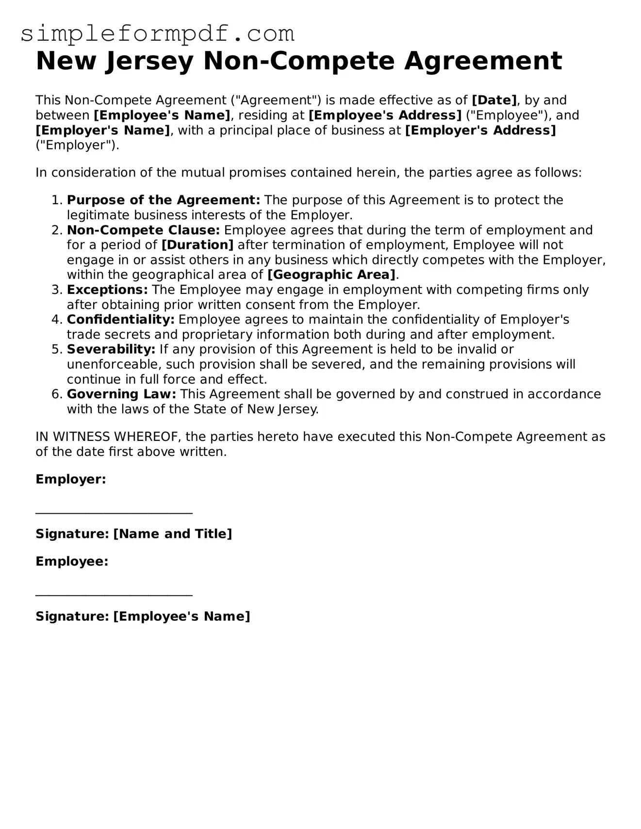 Free Non-compete Agreement Form for the State of New Jersey