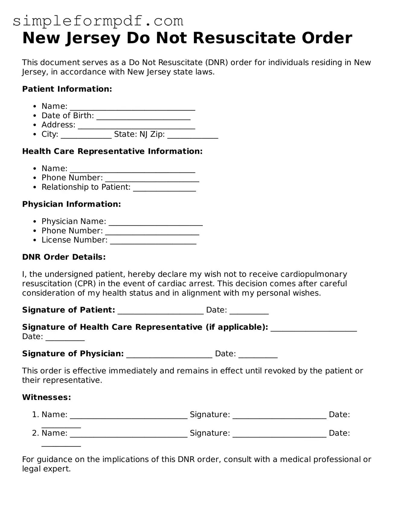 Free Do Not Resuscitate Order Form for the State of New Jersey