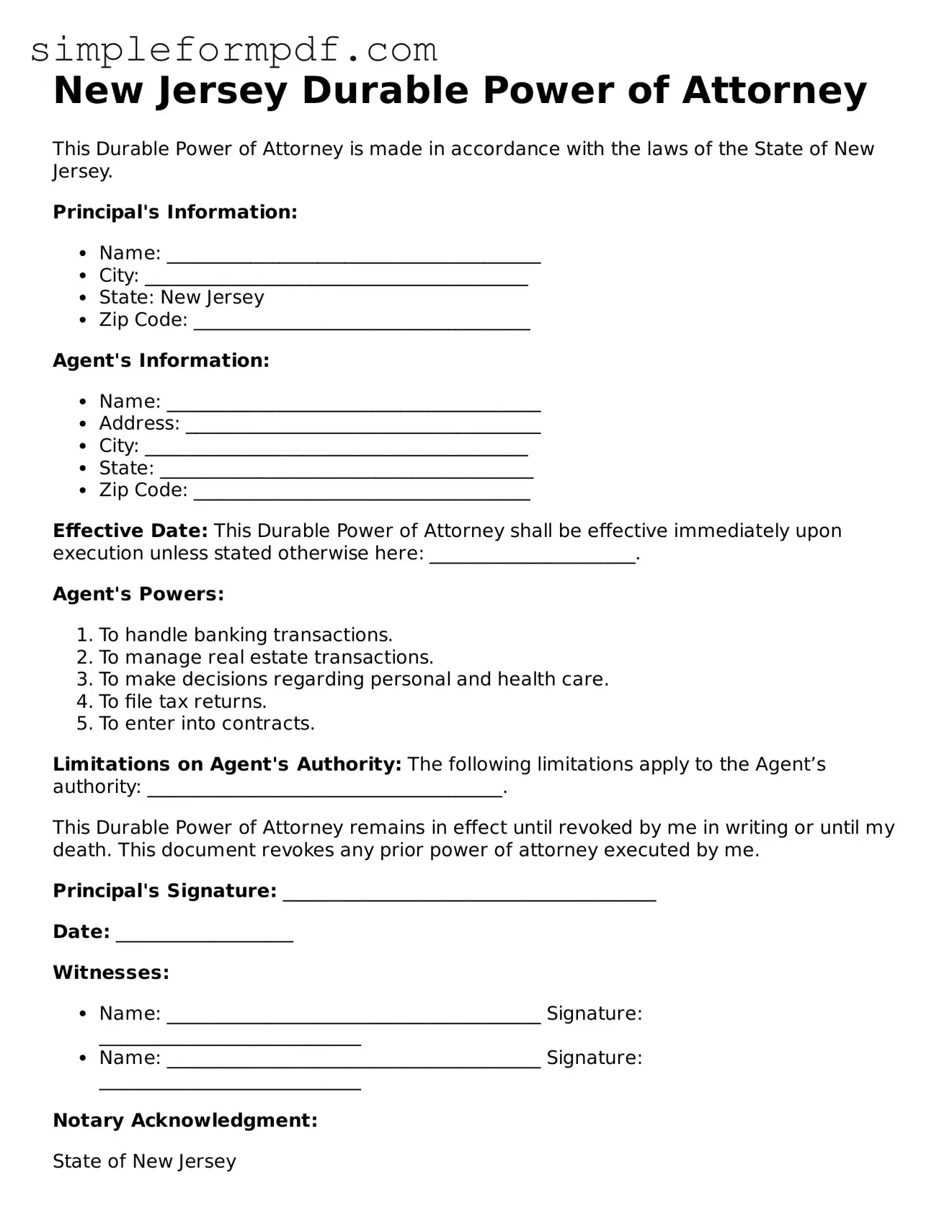 Free Durable Power of Attorney Form for the State of New Jersey