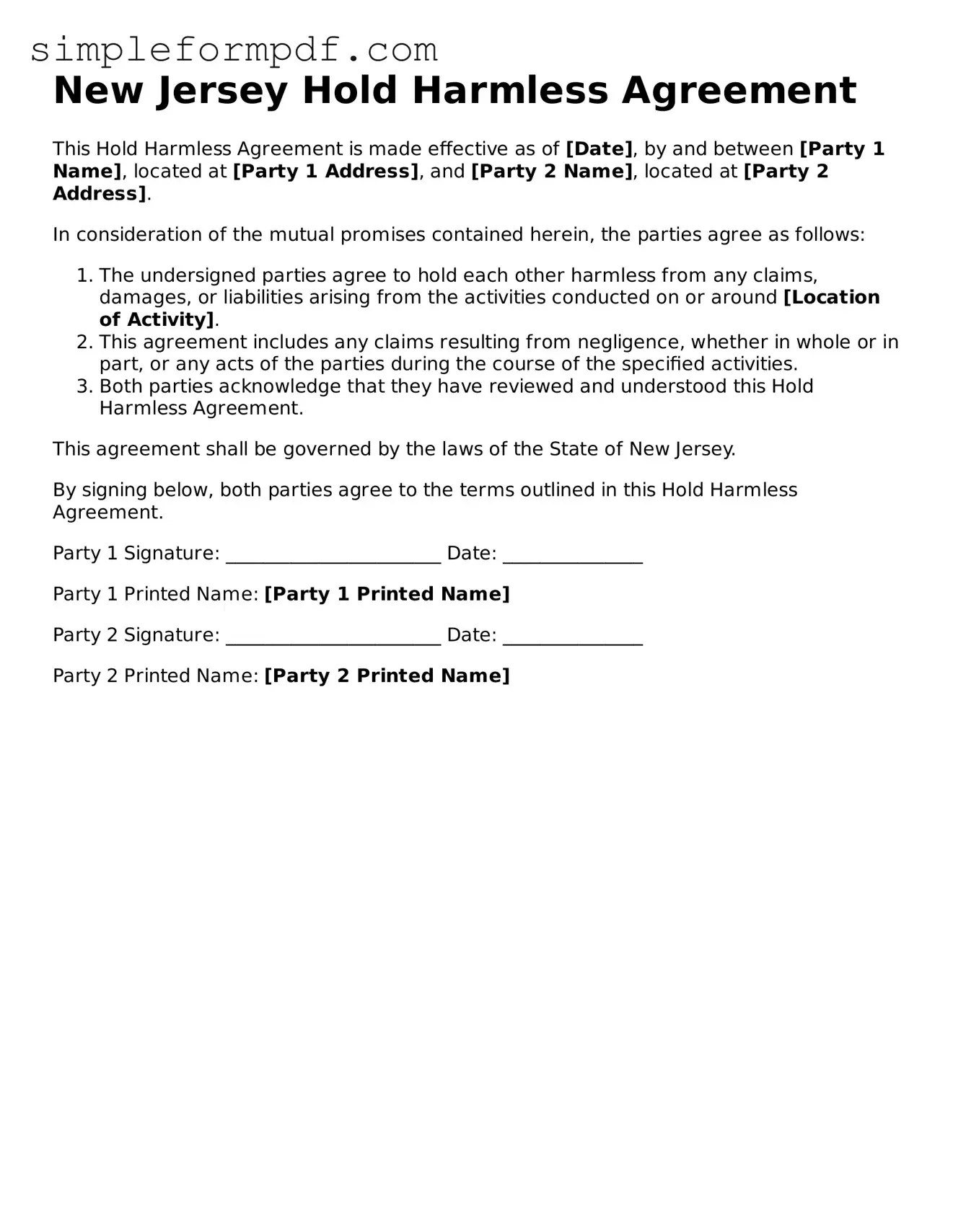 Free Hold Harmless Agreement Form for the State of New Jersey