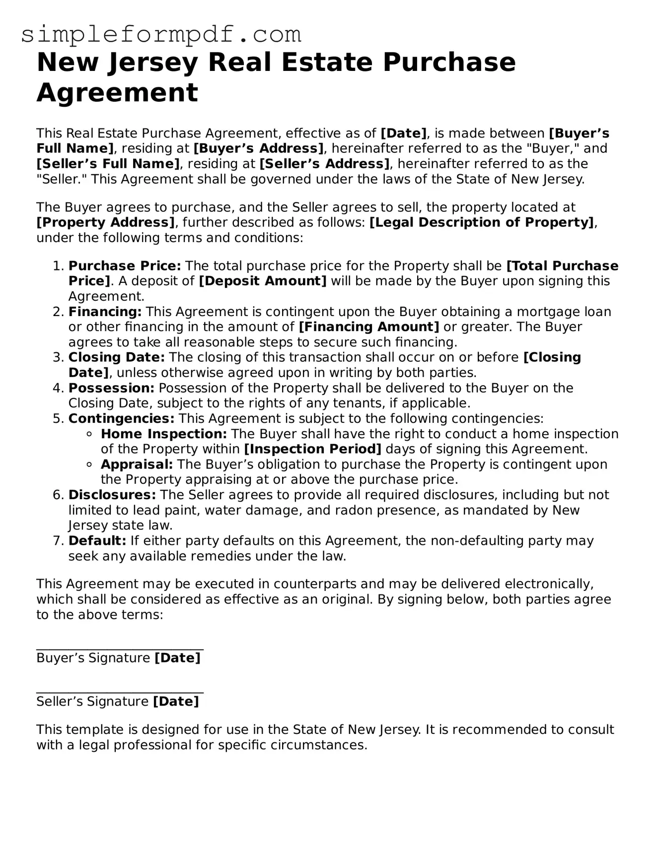 Free Real Estate Purchase Agreement Form for the State of New Jersey