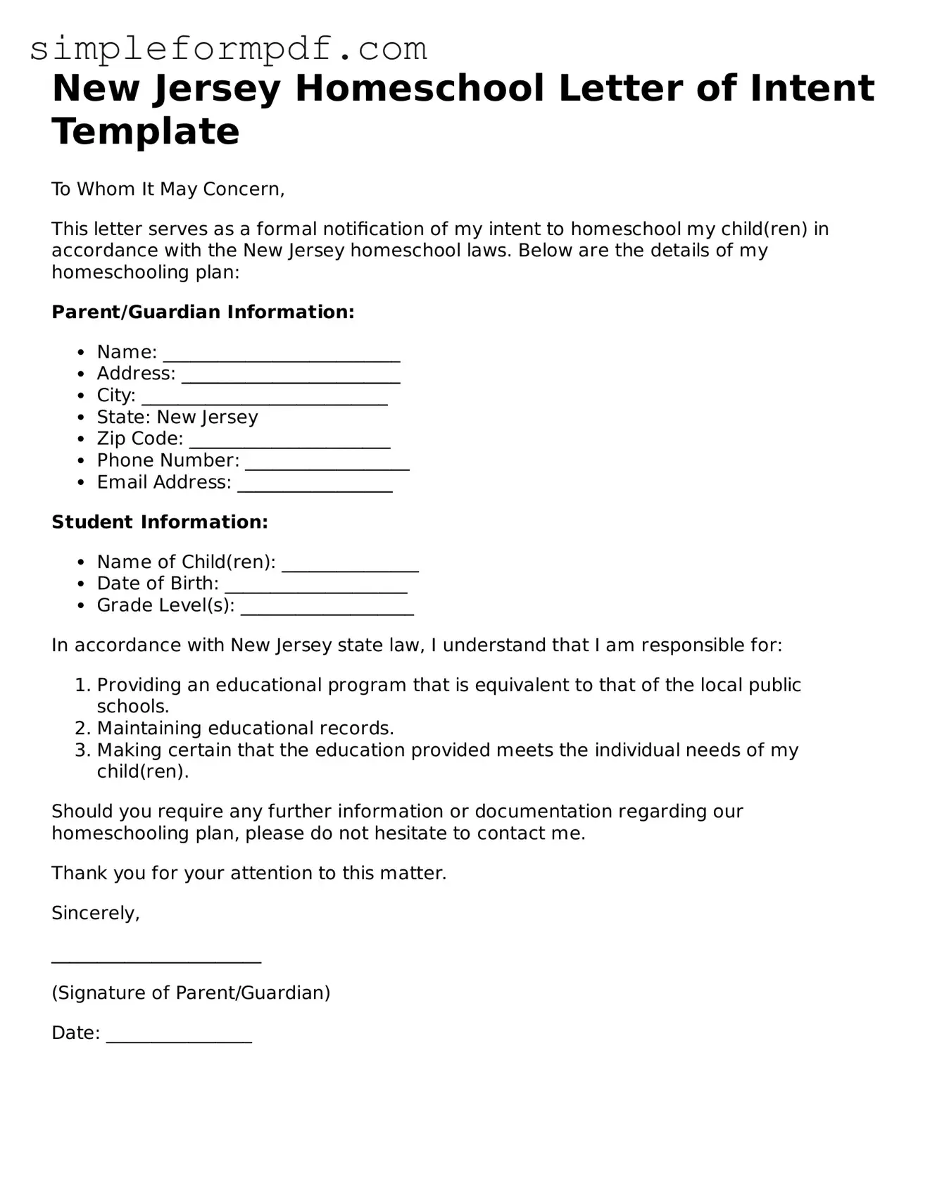 Free Homeschool Letter of Intent Form for the State of New Jersey