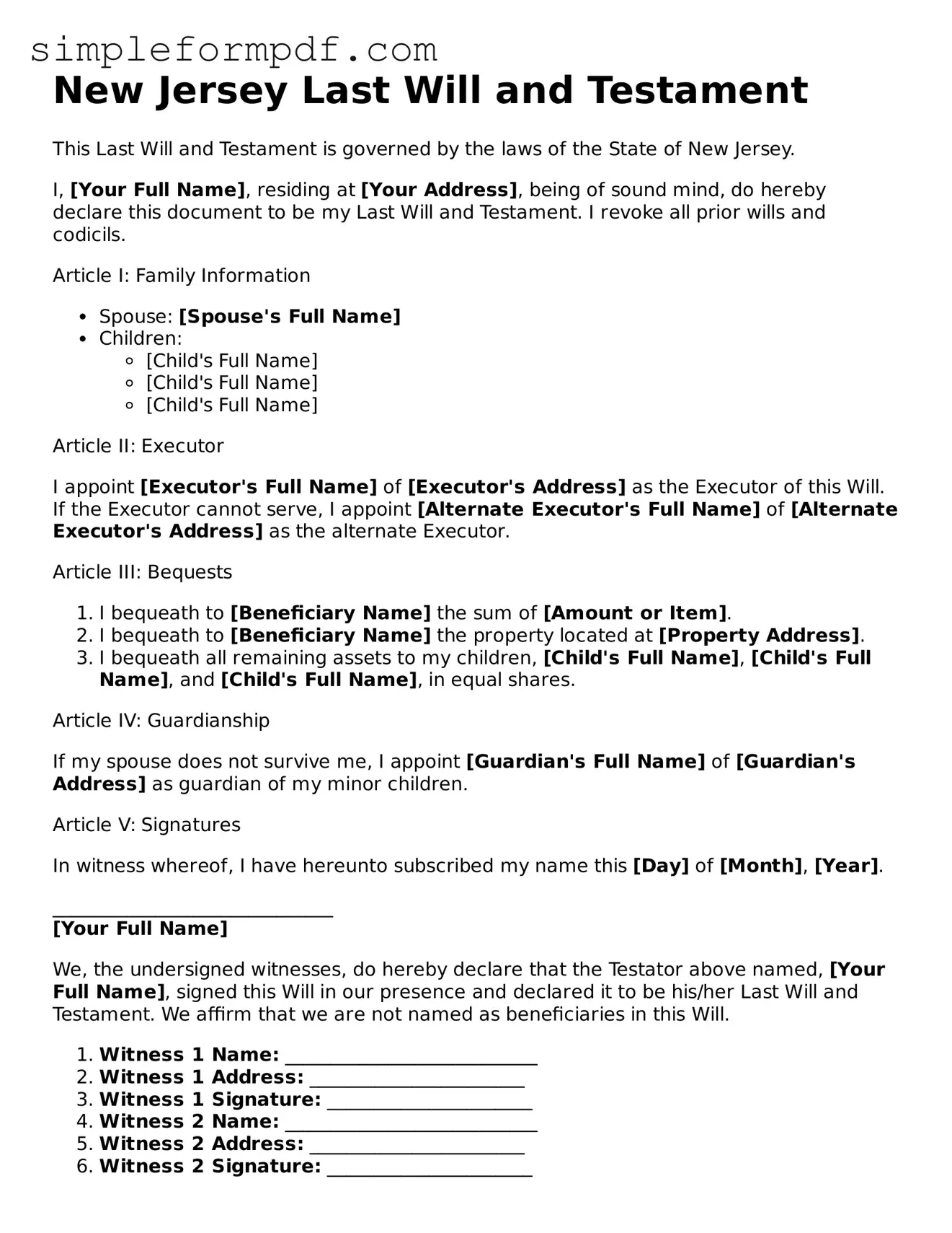 Free Last Will and Testament Form for the State of New Jersey