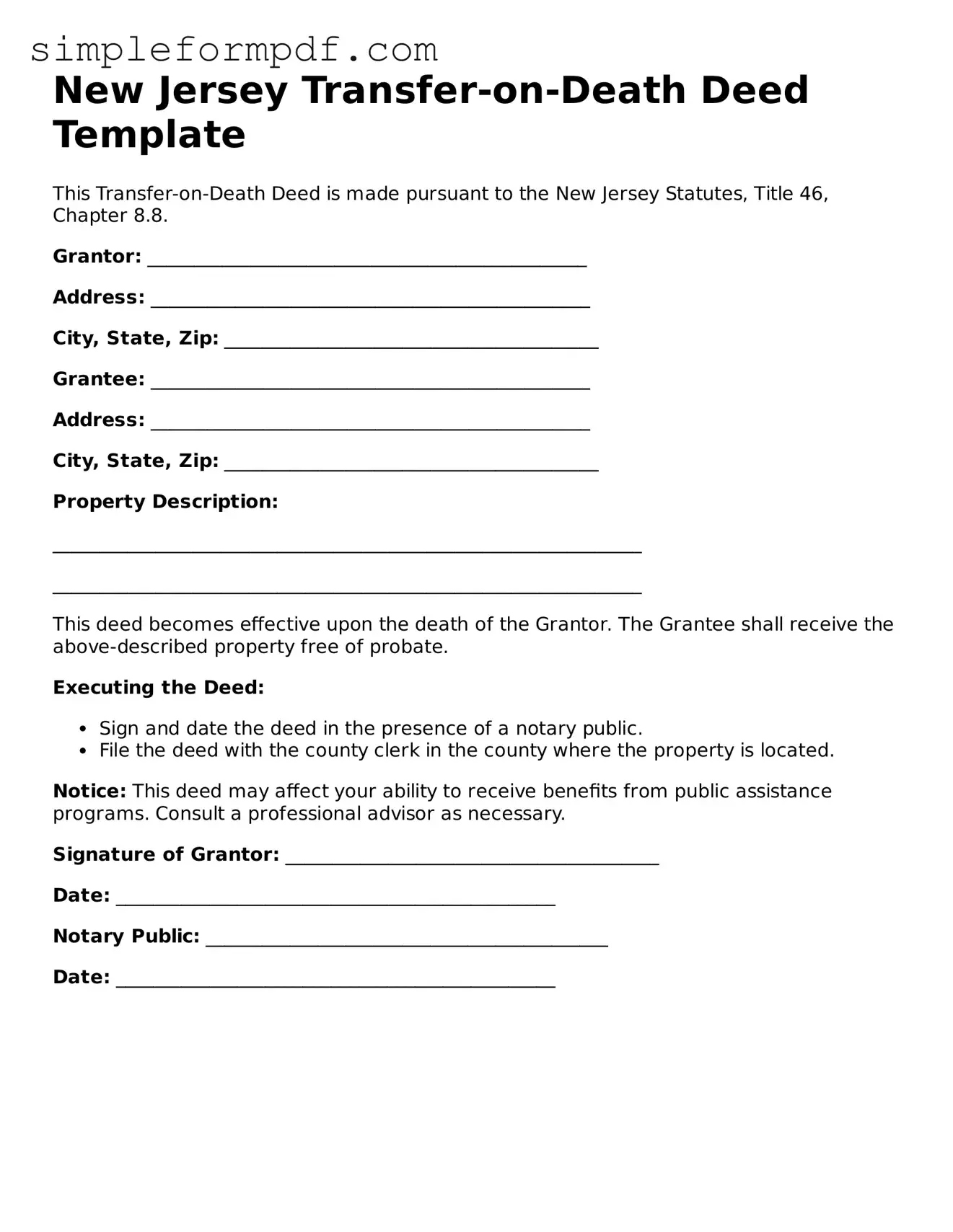 Free Transfer-on-Death Deed Form for the State of New Jersey