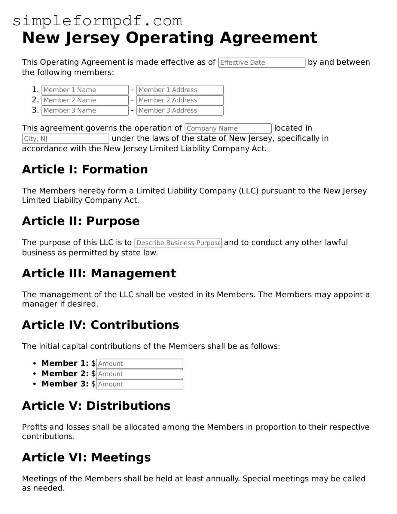 Free Operating Agreement Form for the State of New Jersey