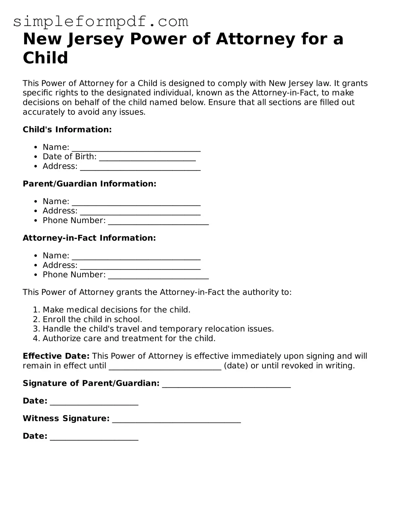 Free Power of Attorney for a Child Form for the State of New Jersey