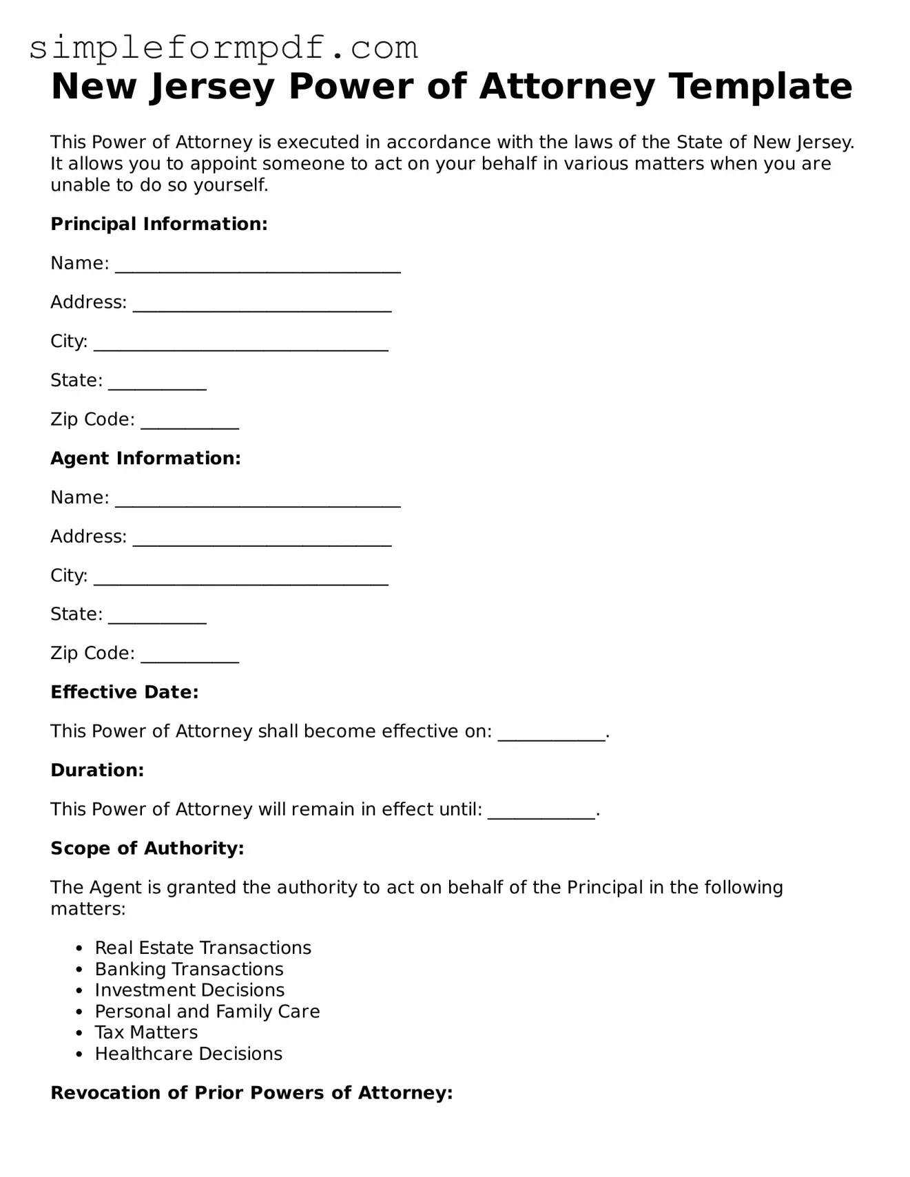 Free Power of Attorney Form for the State of New Jersey