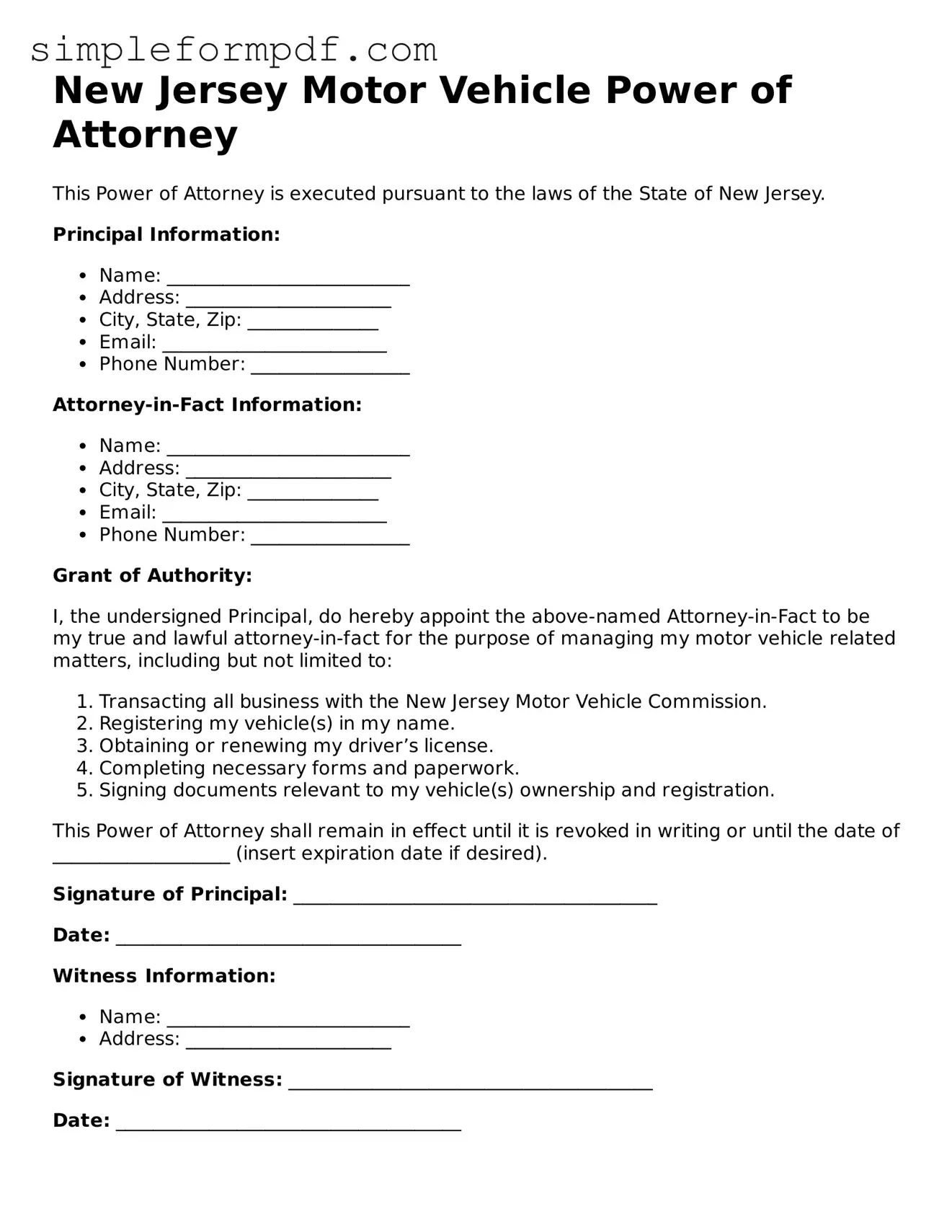Free Motor Vehicle Power of Attorney Form for the State of New Jersey