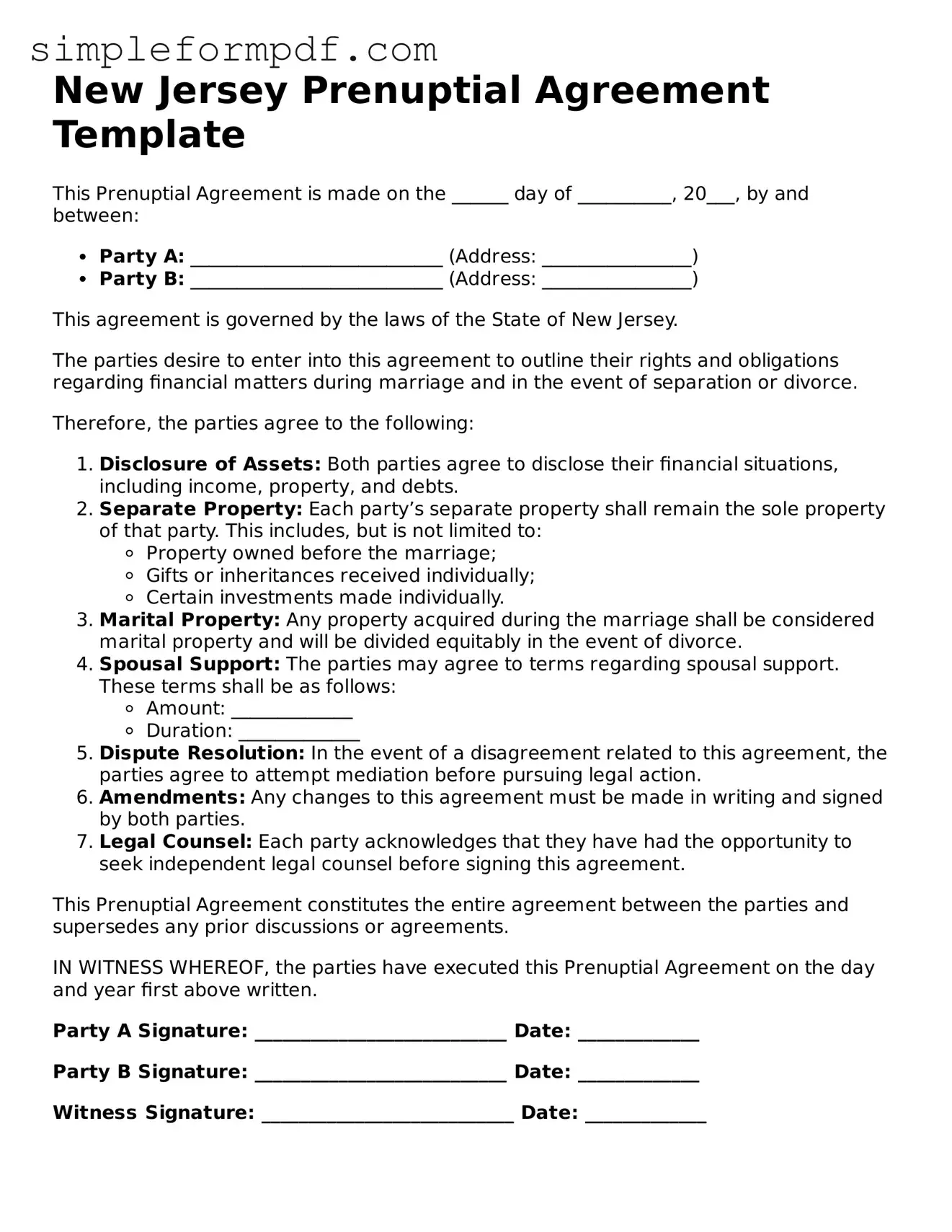 Free Prenuptial Agreement Form for the State of New Jersey