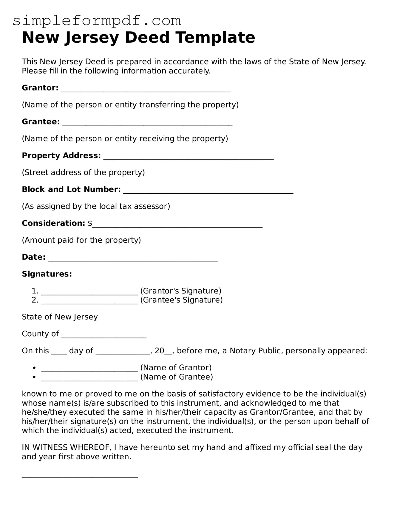Free Deed Form for the State of New Jersey