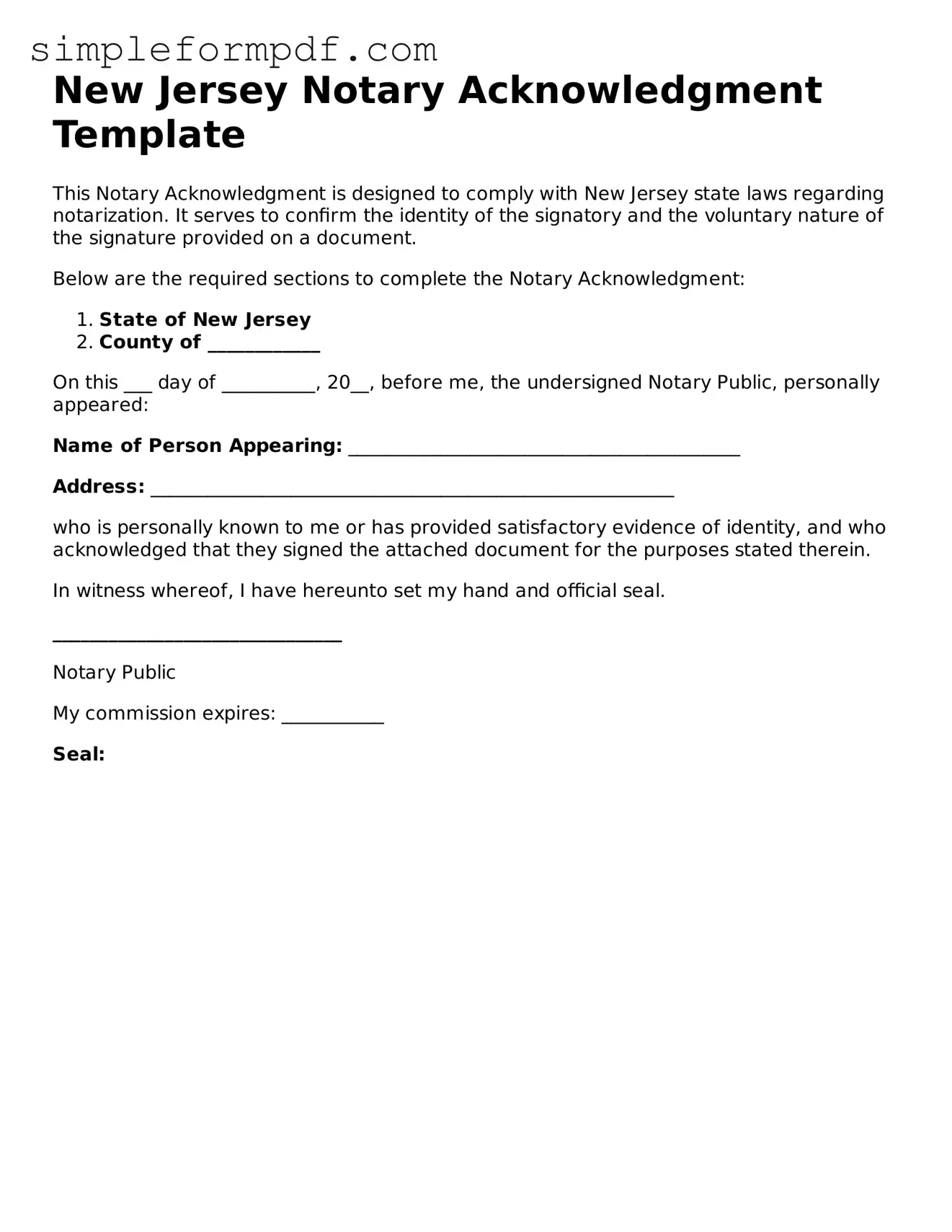 Free Notary Acknowledgement Form for the State of New Jersey