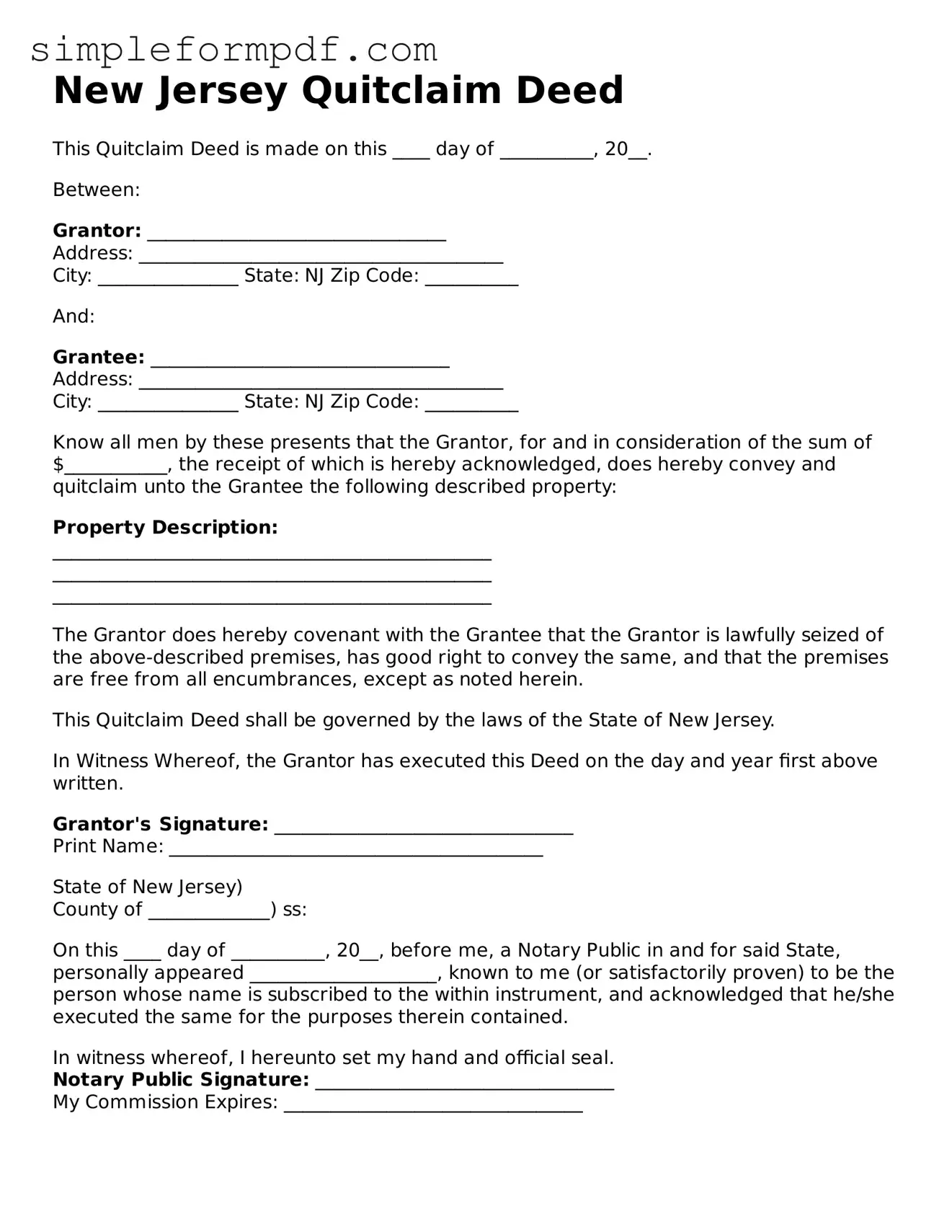 Free Quitclaim Deed Form for the State of New Jersey