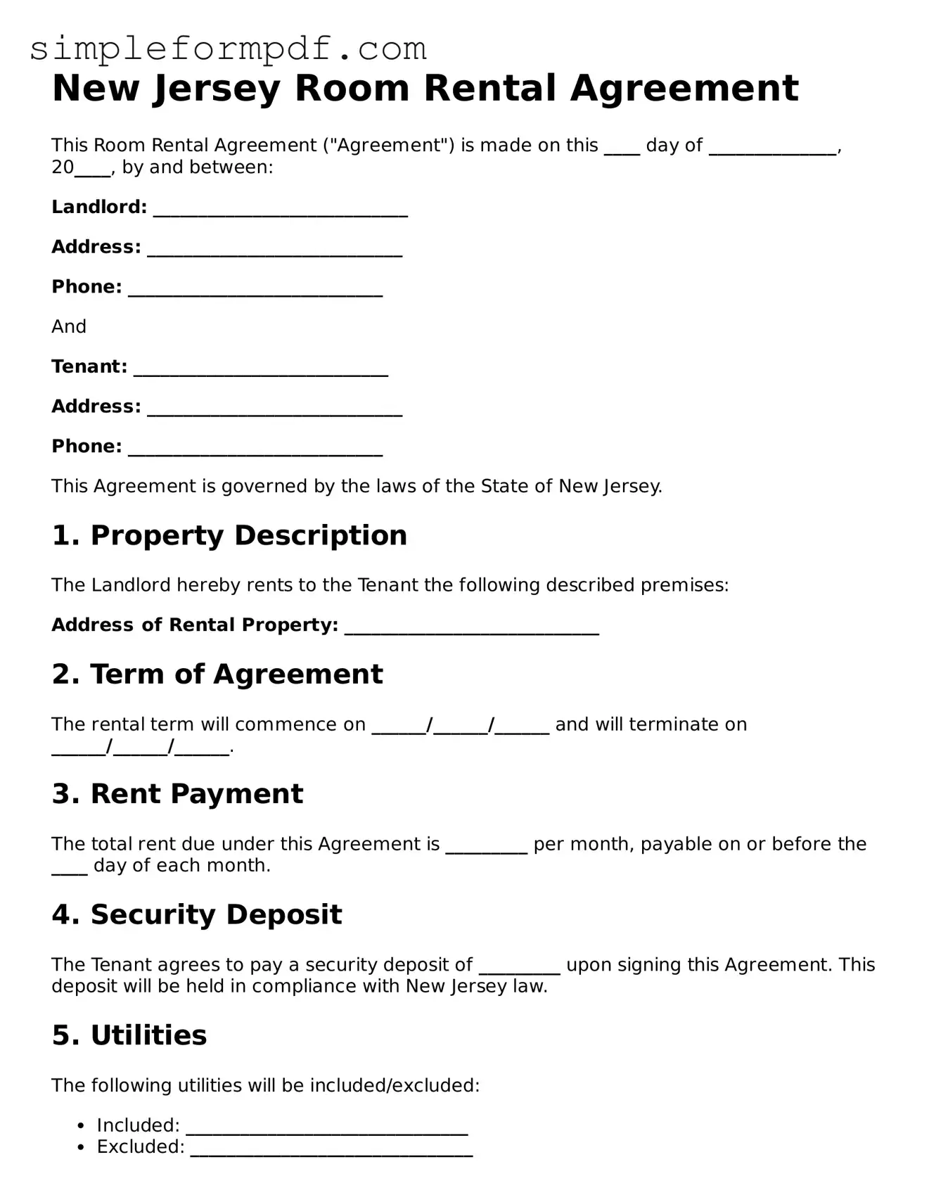Free Room Rental Agreement Form for the State of New Jersey
