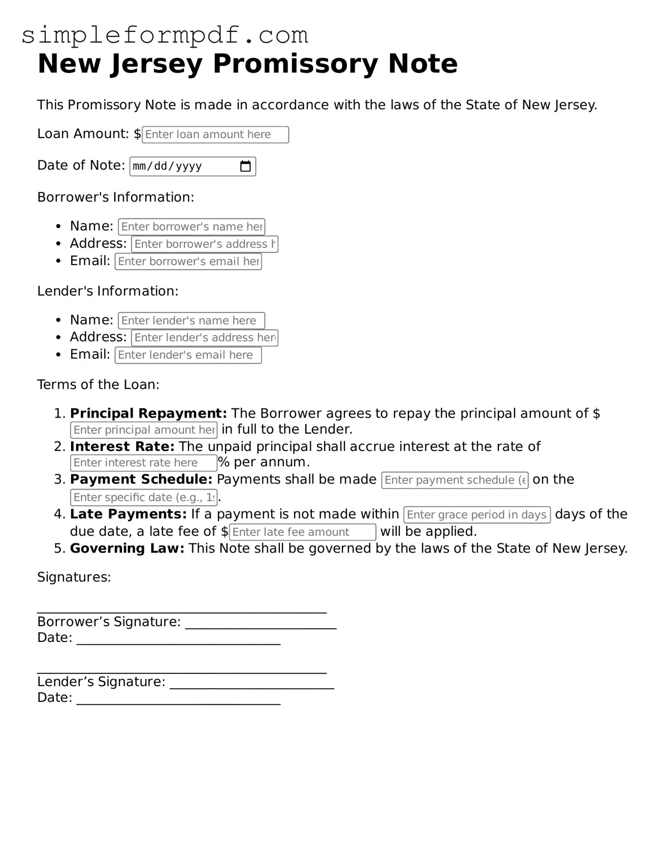 Free Promissory Note Form for the State of New Jersey