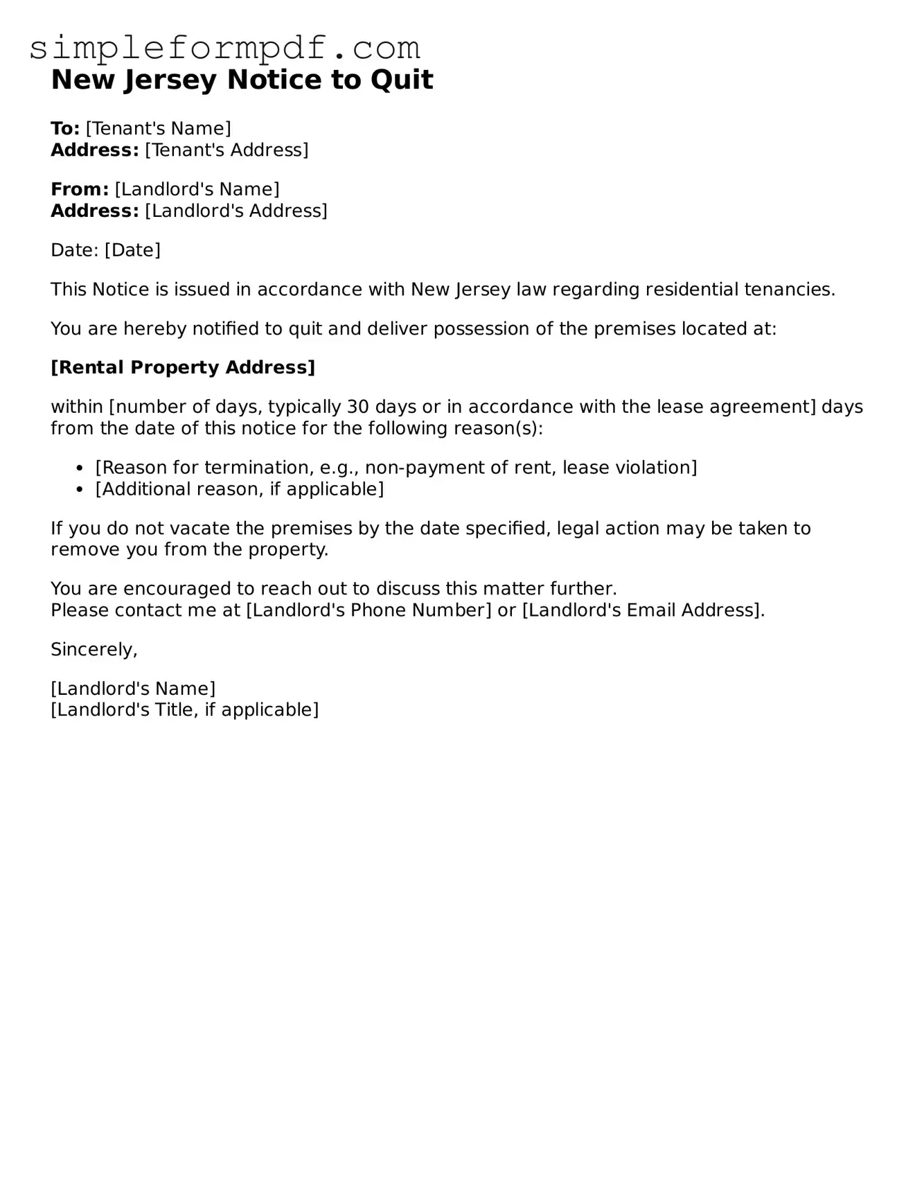 Free Notice to Quit Form for the State of New Jersey