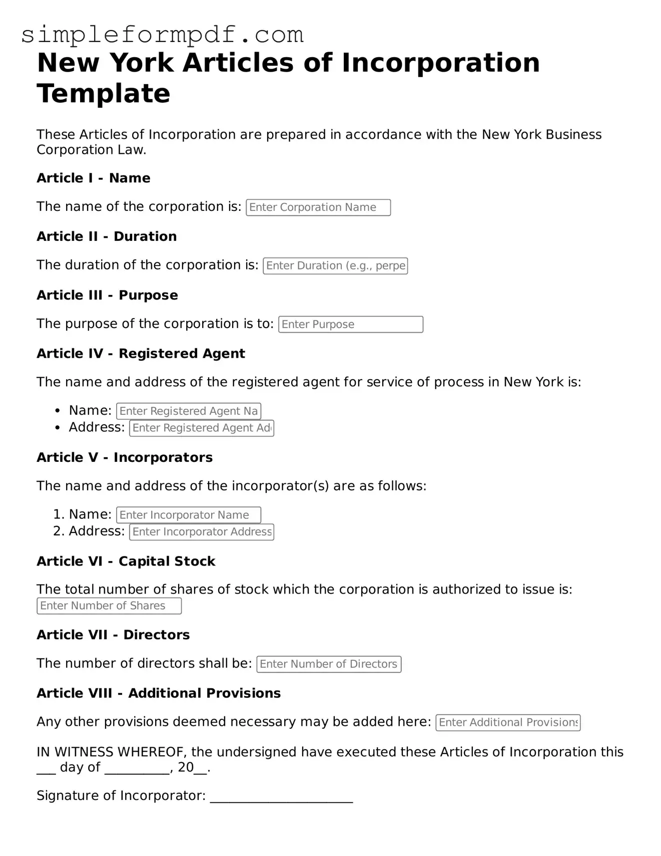 Free Articles of Incorporation Form for the State of New York