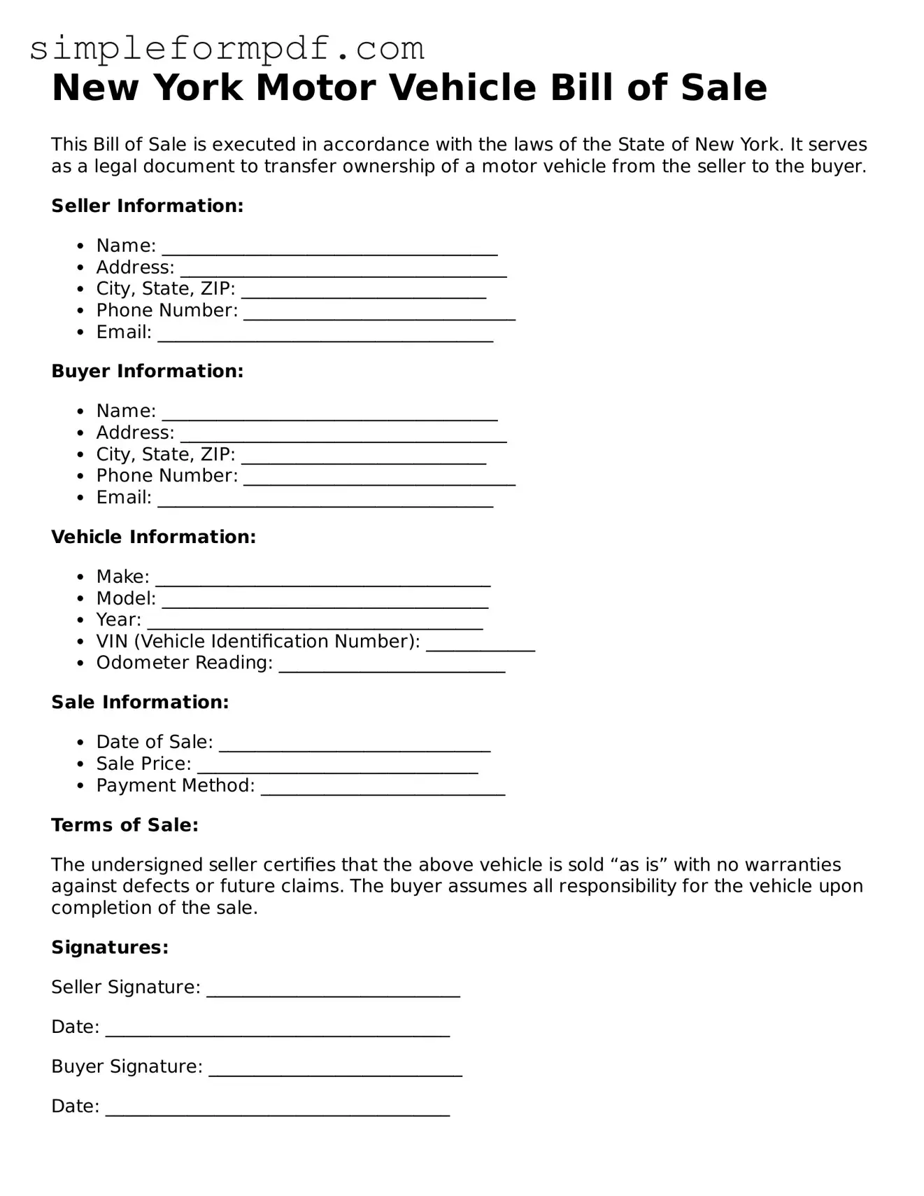 Free Motor Vehicle Bill of Sale Form for the State of New York