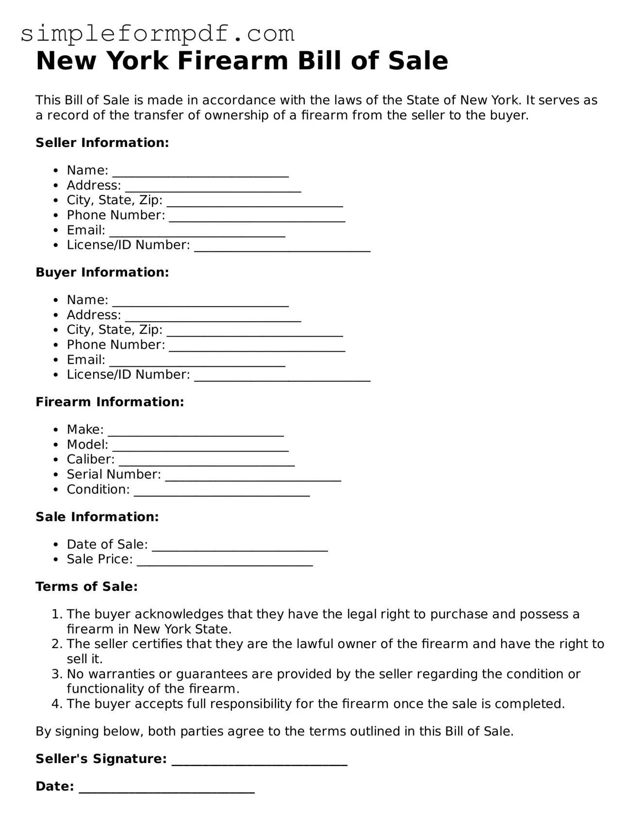 Free Firearm Bill of Sale Form for the State of New York