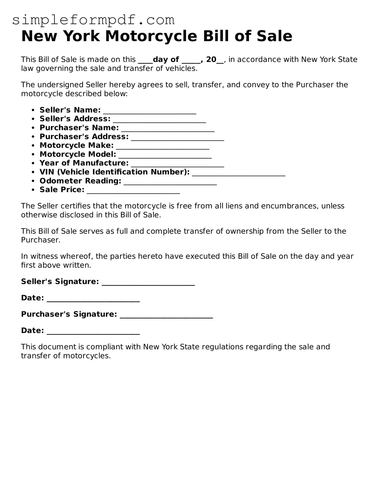 Free Motorcycle Bill of Sale Form for the State of New York