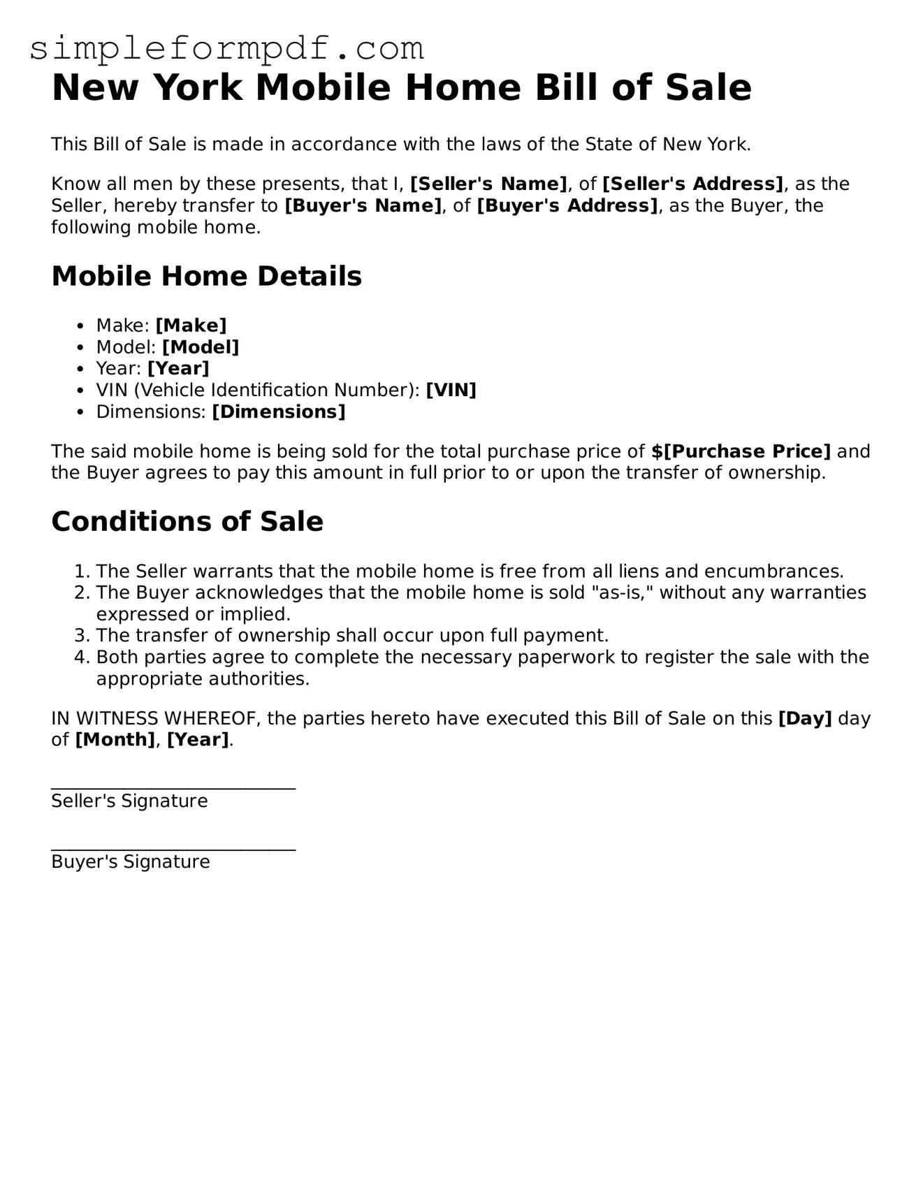 Free Mobile Home Bill of Sale Form for the State of New York