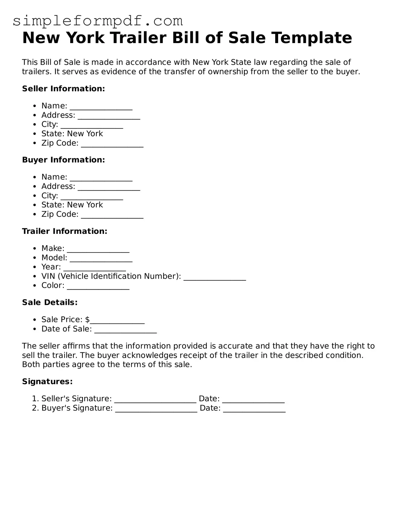 Free Trailer Bill of Sale Form for the State of New York