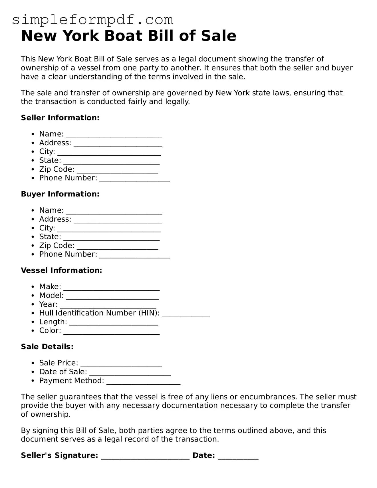 Free Boat Bill of Sale Form for the State of New York