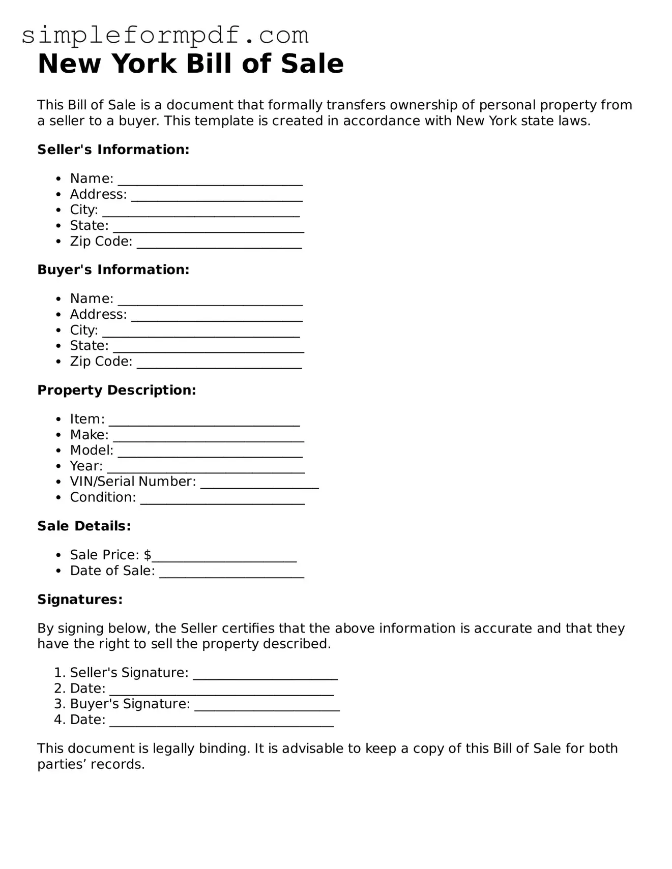 Free Bill of Sale Form for the State of New York