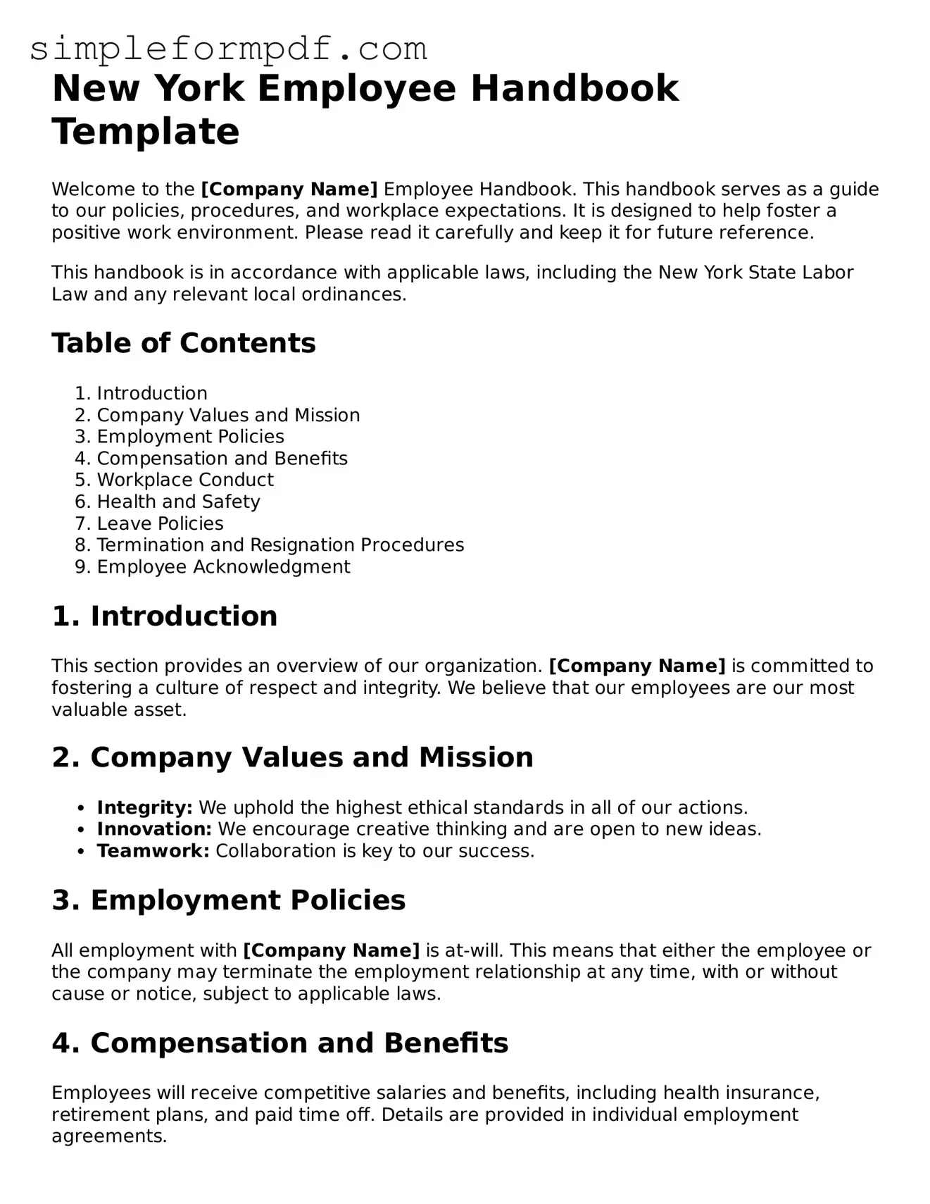 Free Employee Handbook Form for the State of New York