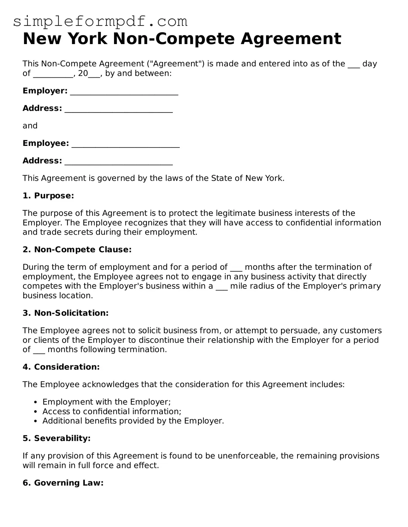 Free Non-compete Agreement Form for the State of New York