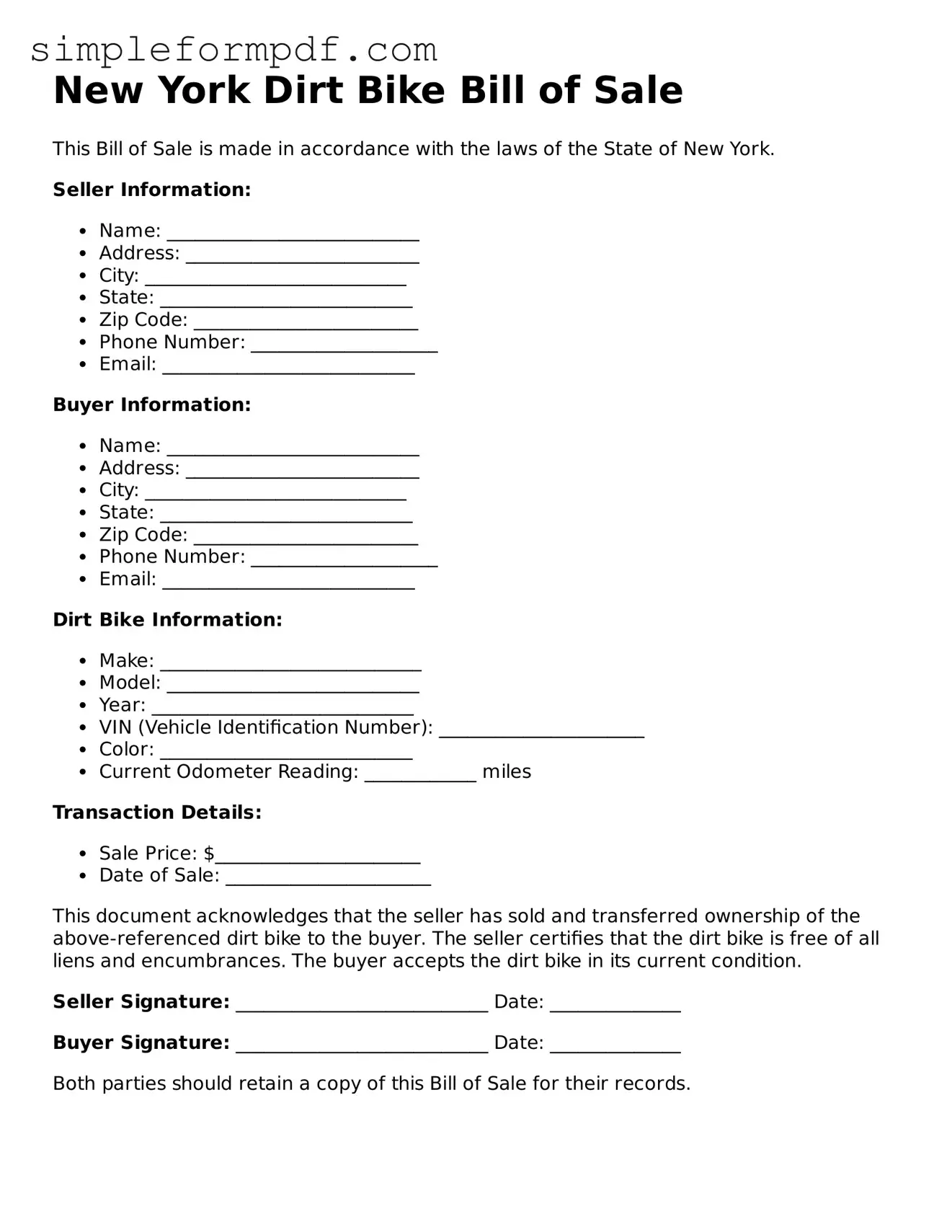Free Dirt Bike Bill of Sale Form for the State of New York