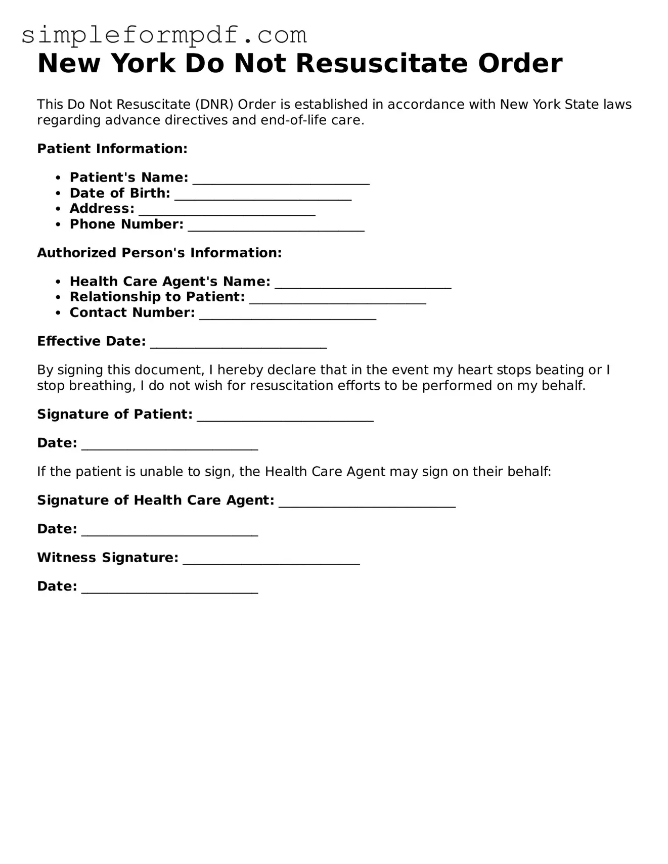 Free Do Not Resuscitate Order Form for the State of New York