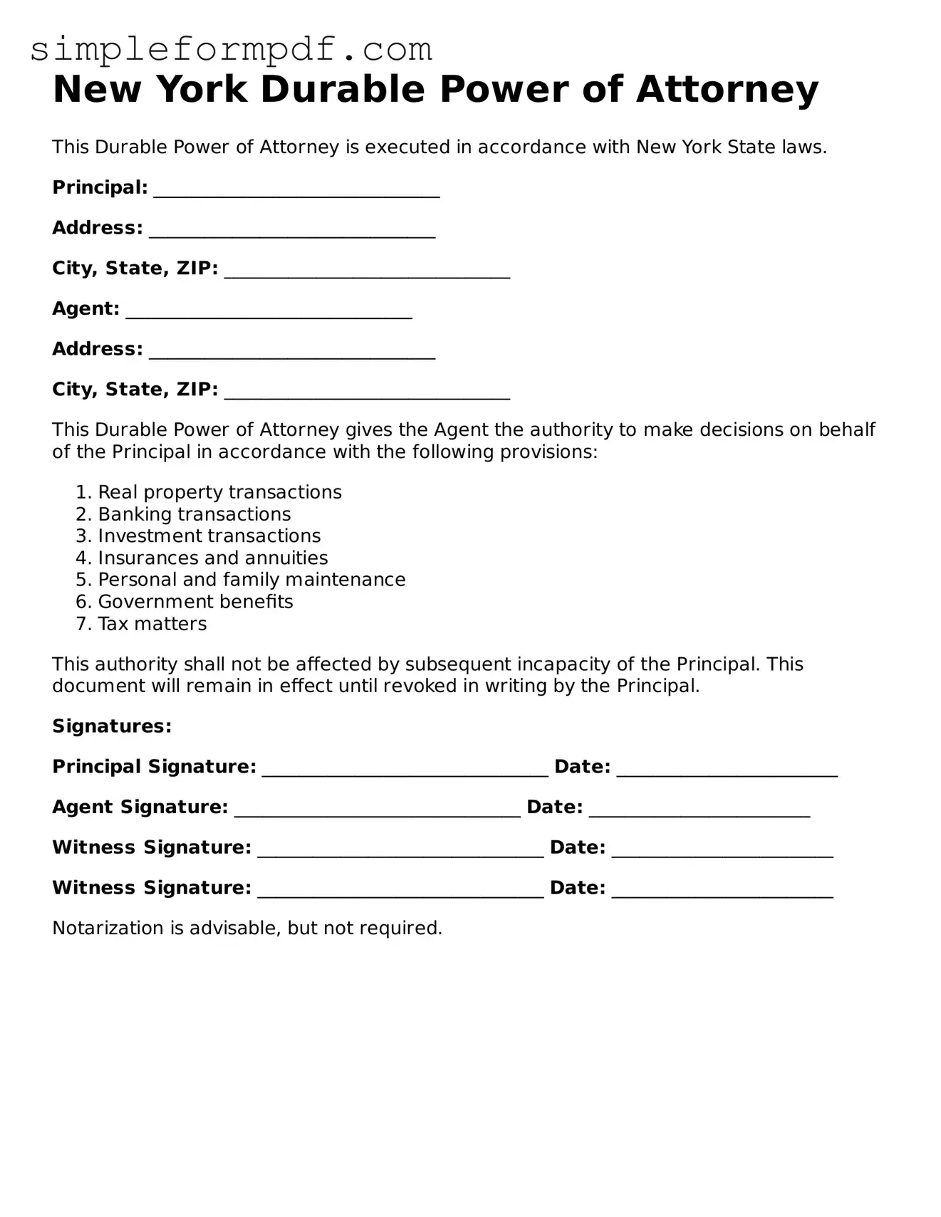 Free Durable Power of Attorney Form for the State of New York