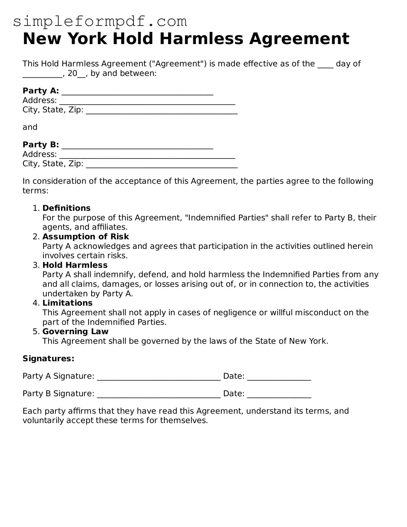Free Hold Harmless Agreement Form for the State of New York