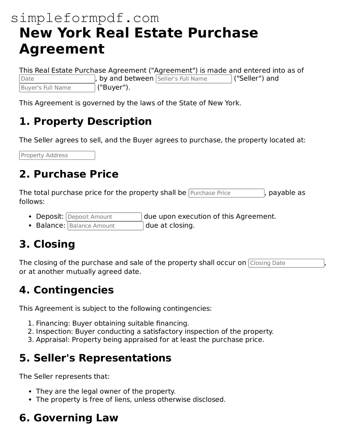 Free Real Estate Purchase Agreement Form for the State of New York