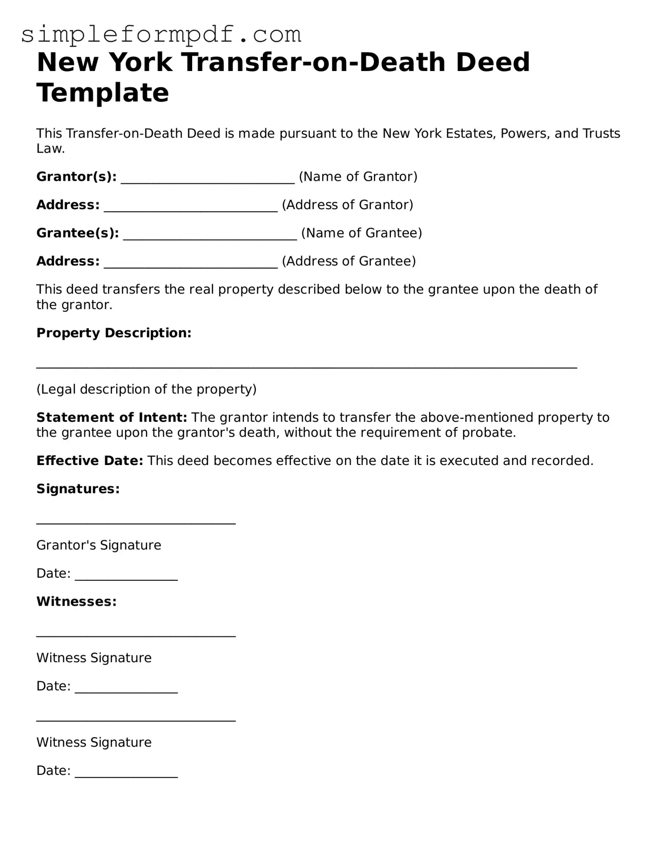 Free Transfer-on-Death Deed Form for the State of New York