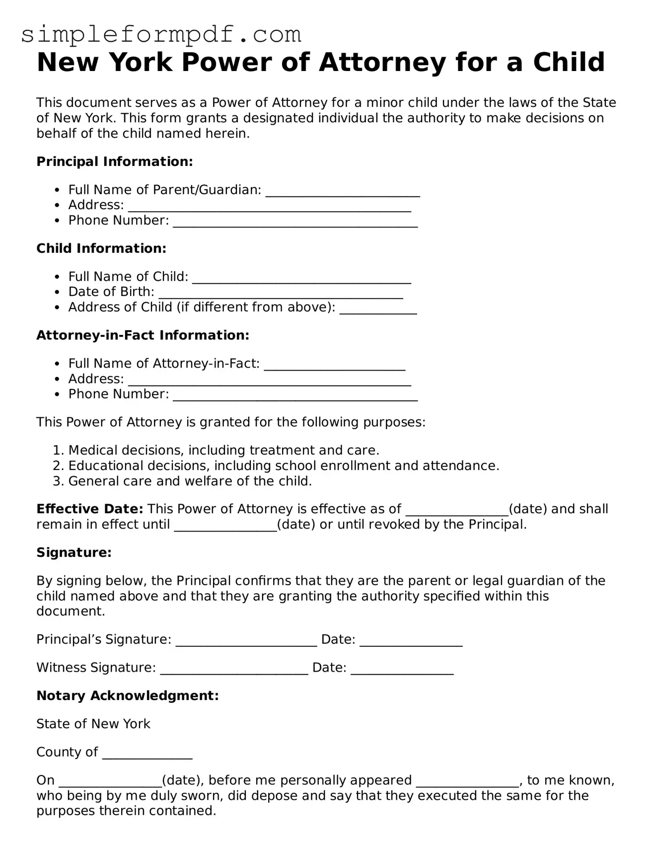 Free Power of Attorney for a Child Form for the State of New York