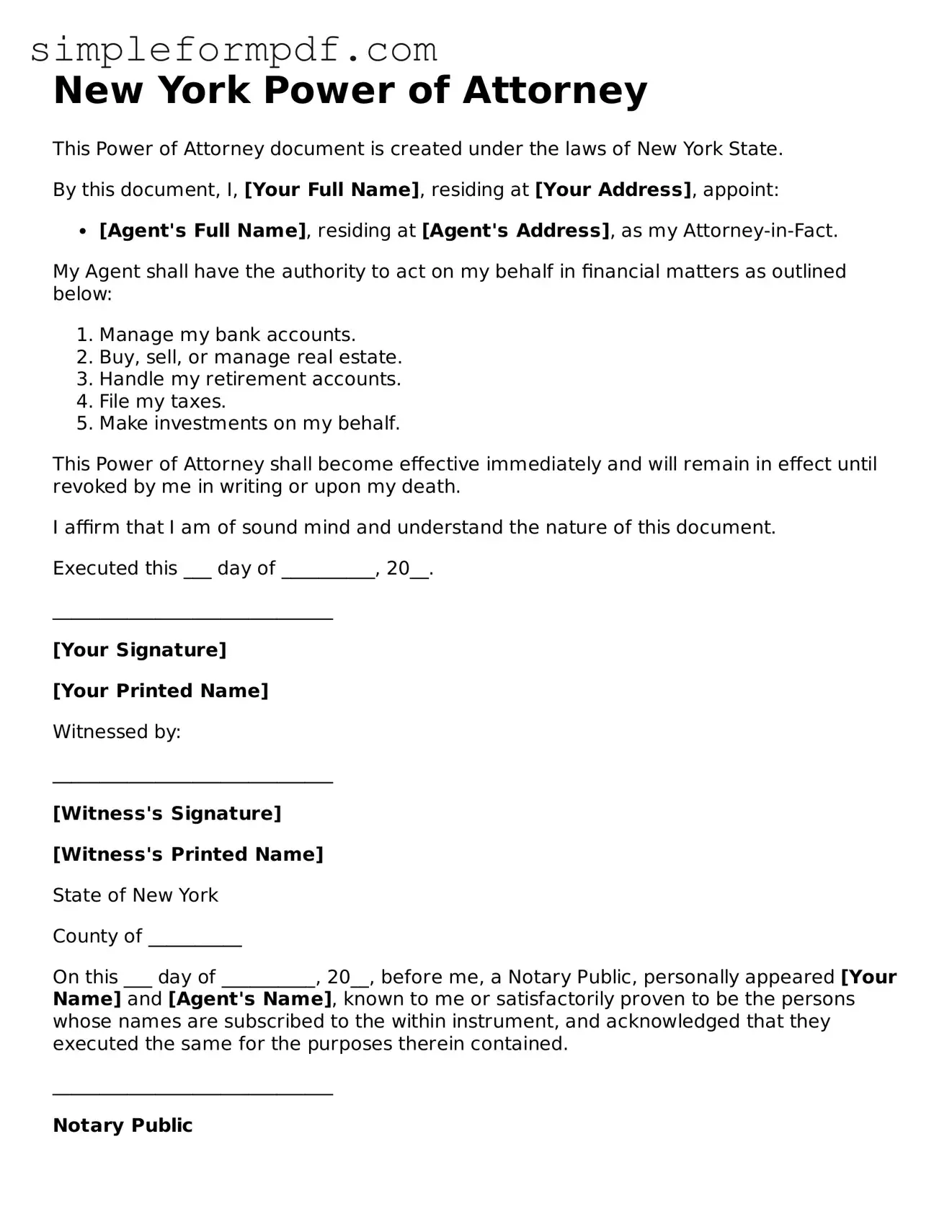 Free Power of Attorney Form for the State of New York