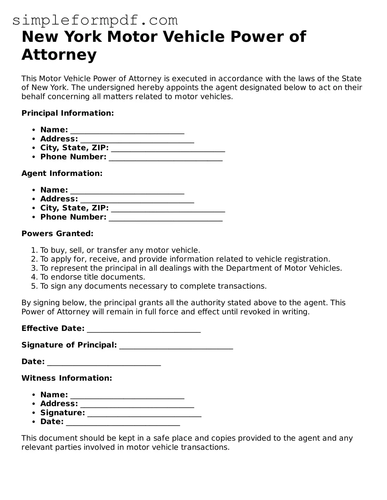 Free Motor Vehicle Power of Attorney Form for the State of New York