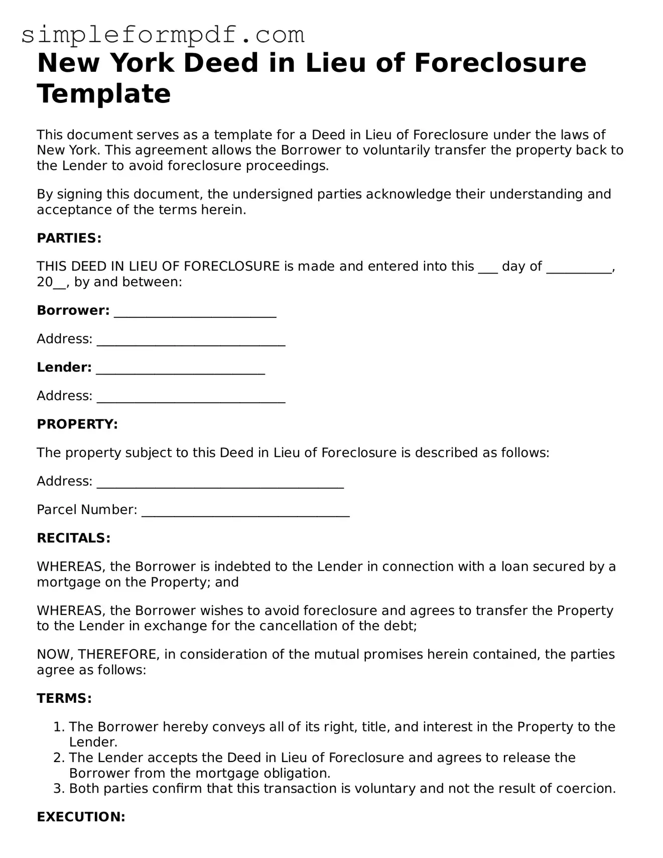 Free Deed in Lieu of Foreclosure Form for the State of New York