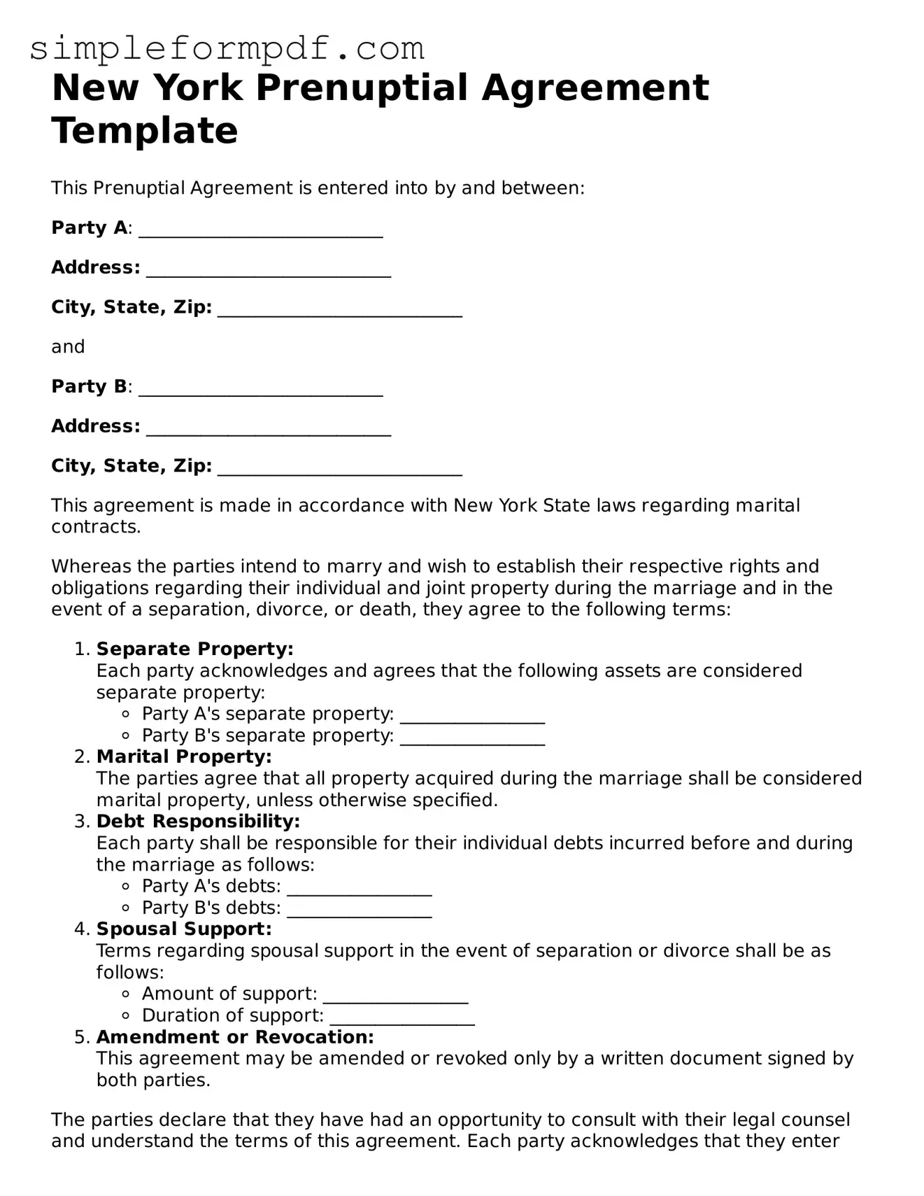 Free Prenuptial Agreement Form for the State of New York